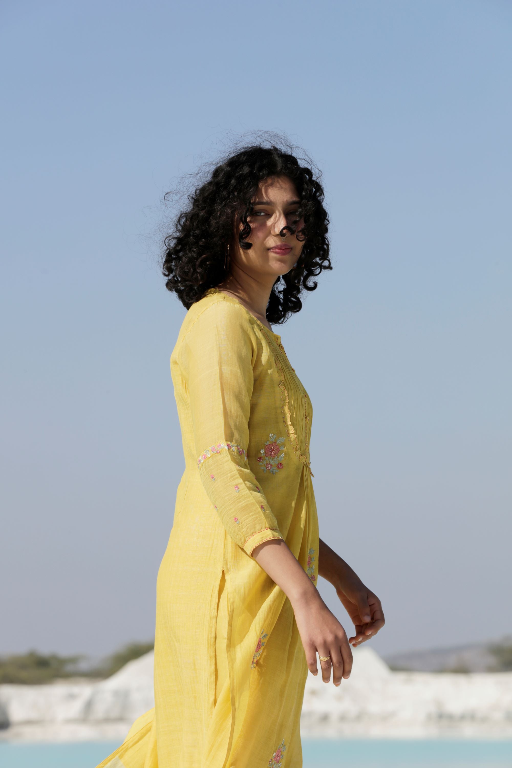 Mustard yellow yoke Pintuck