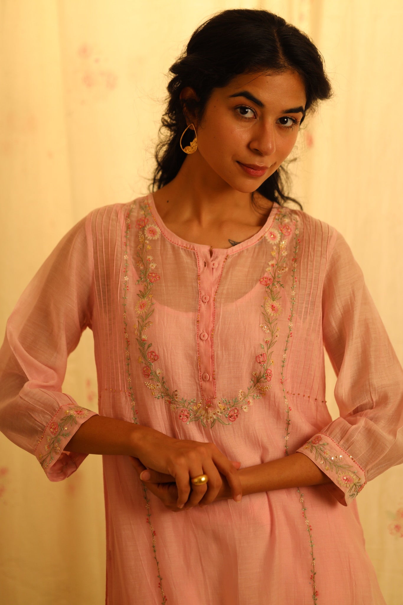 Blush pink camellia kurta set with duppata