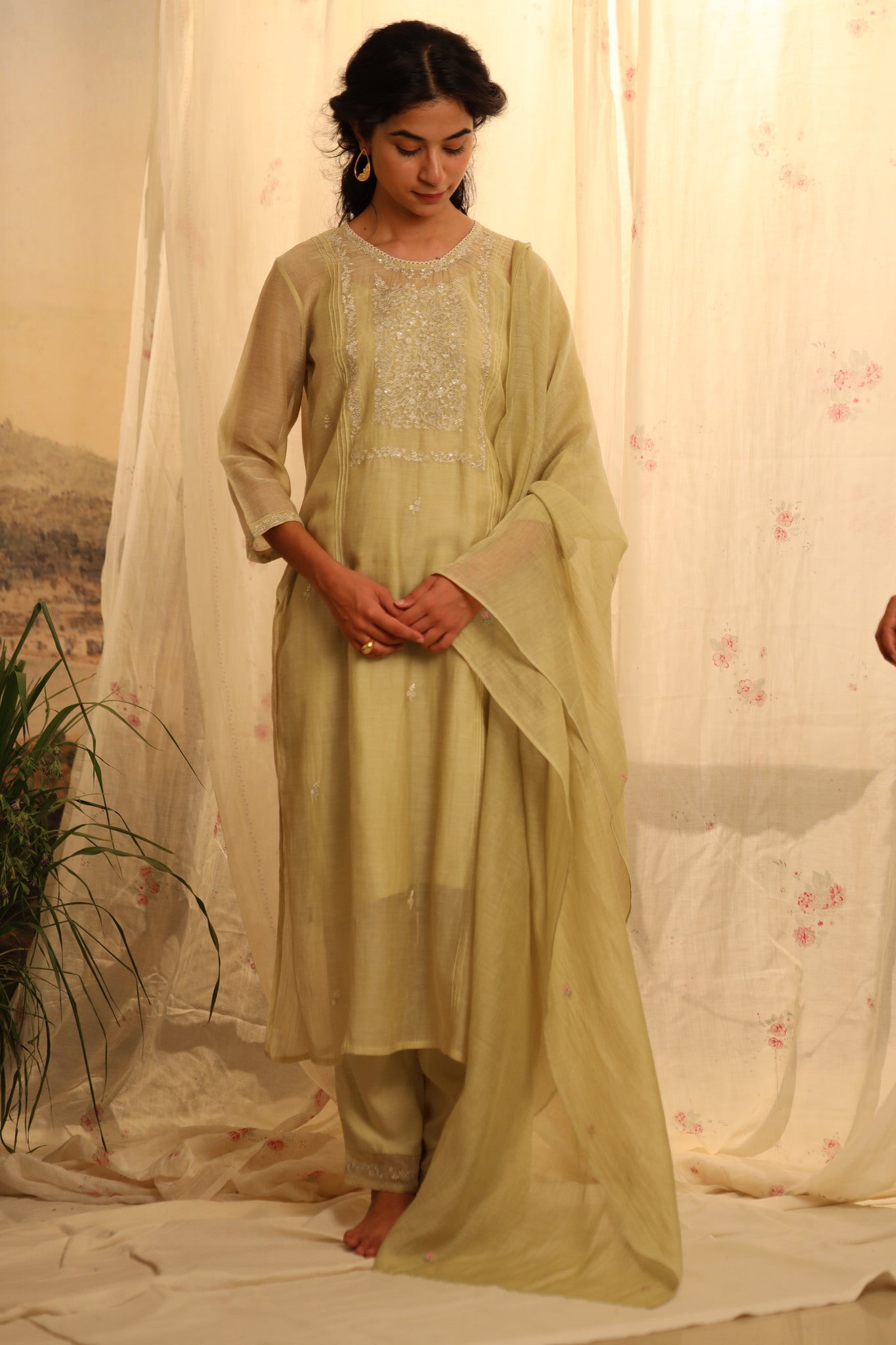 Sage green tonal yoke kurta set with dupatta