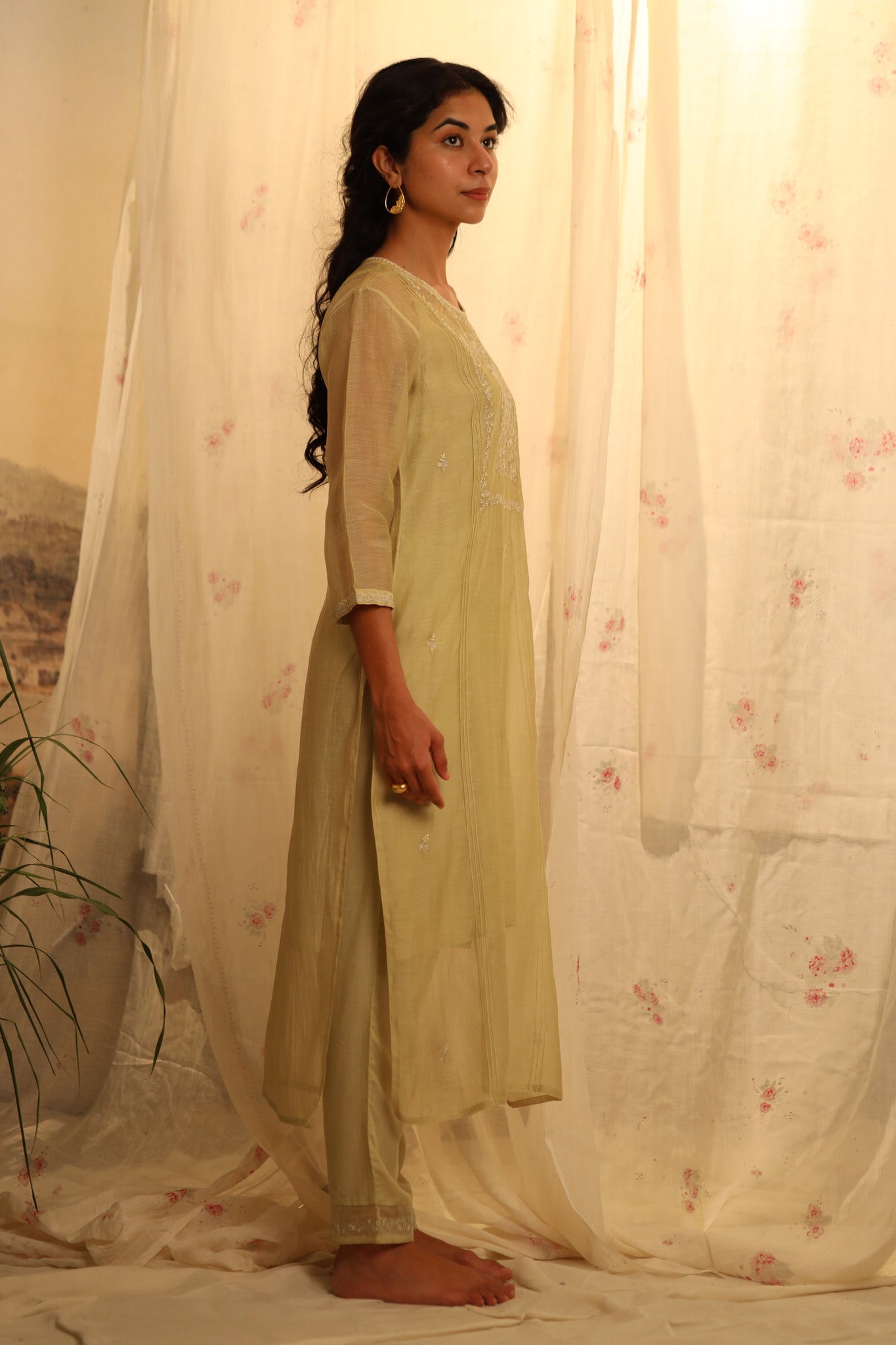Sage green tonal yoke kurta set with dupatta