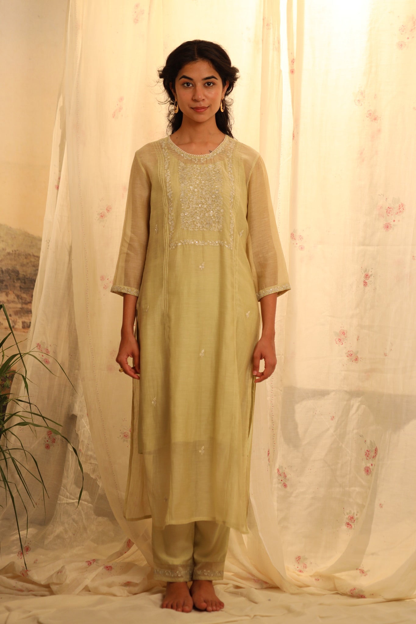 Sage green tonal yoke kurta set with dupatta