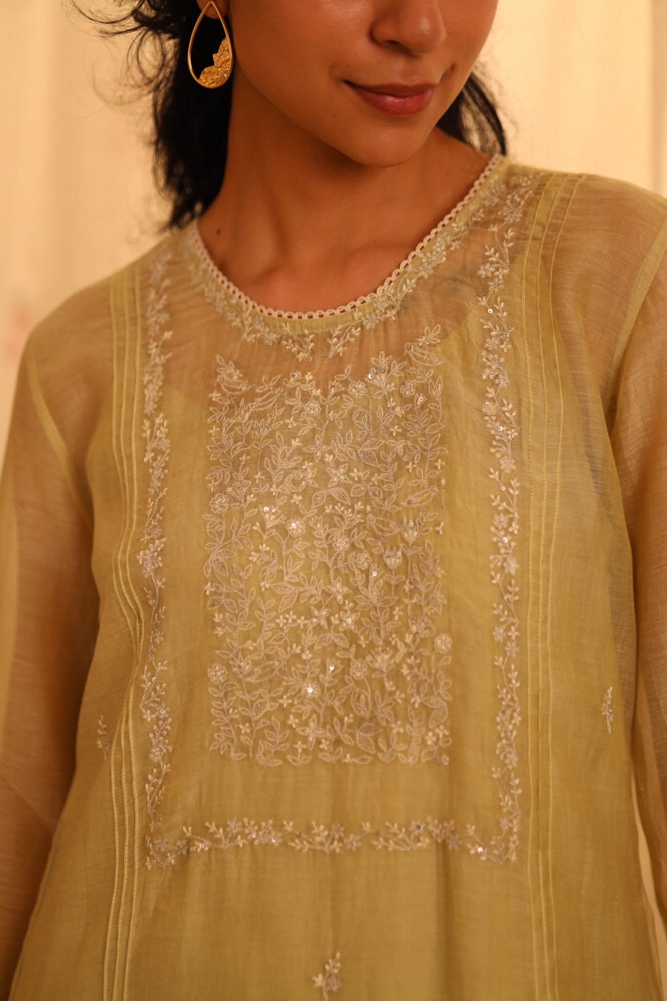 Sage green tonal yoke kurta set with dupatta