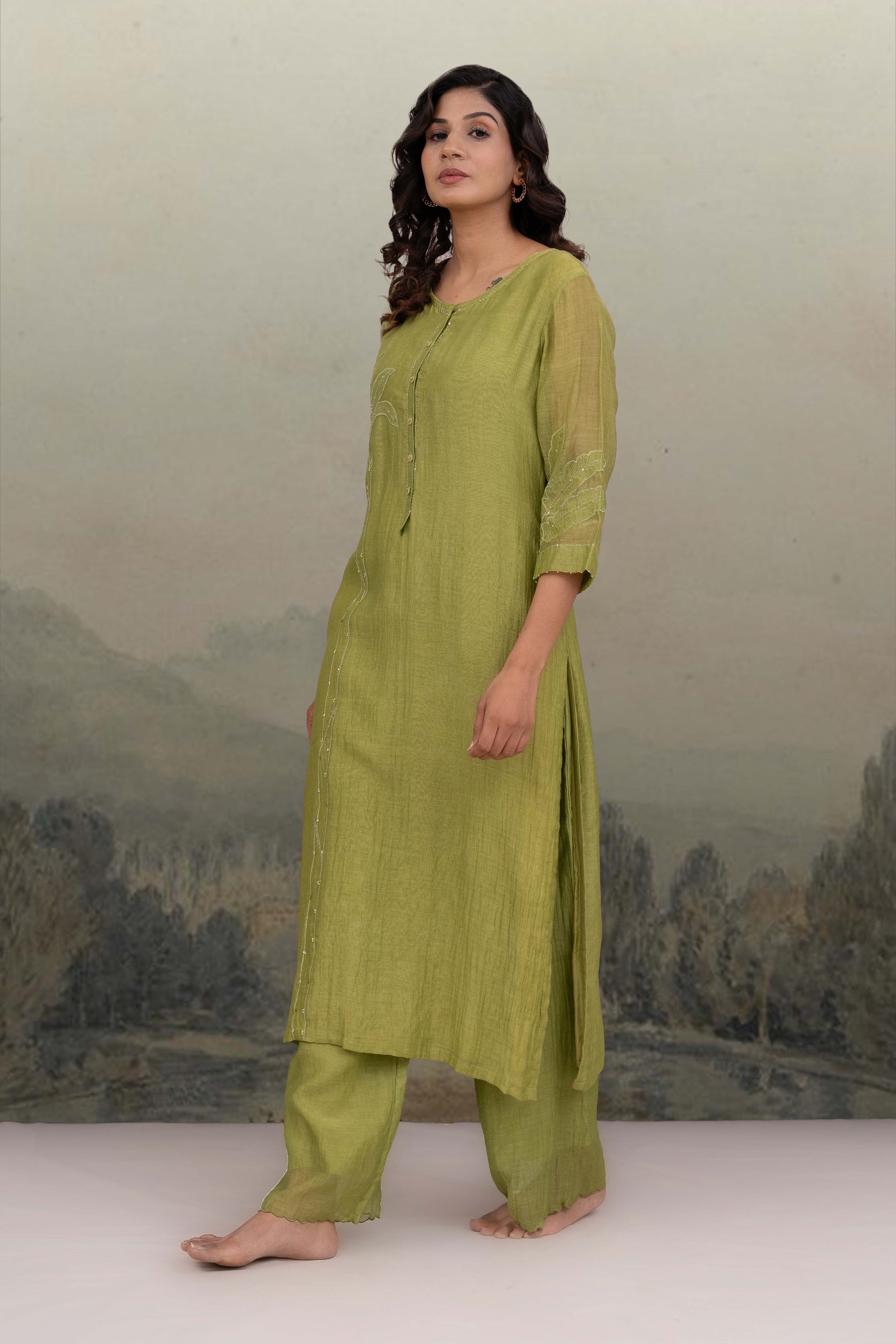 NEON GREEN APPLIQUE KURTA SET