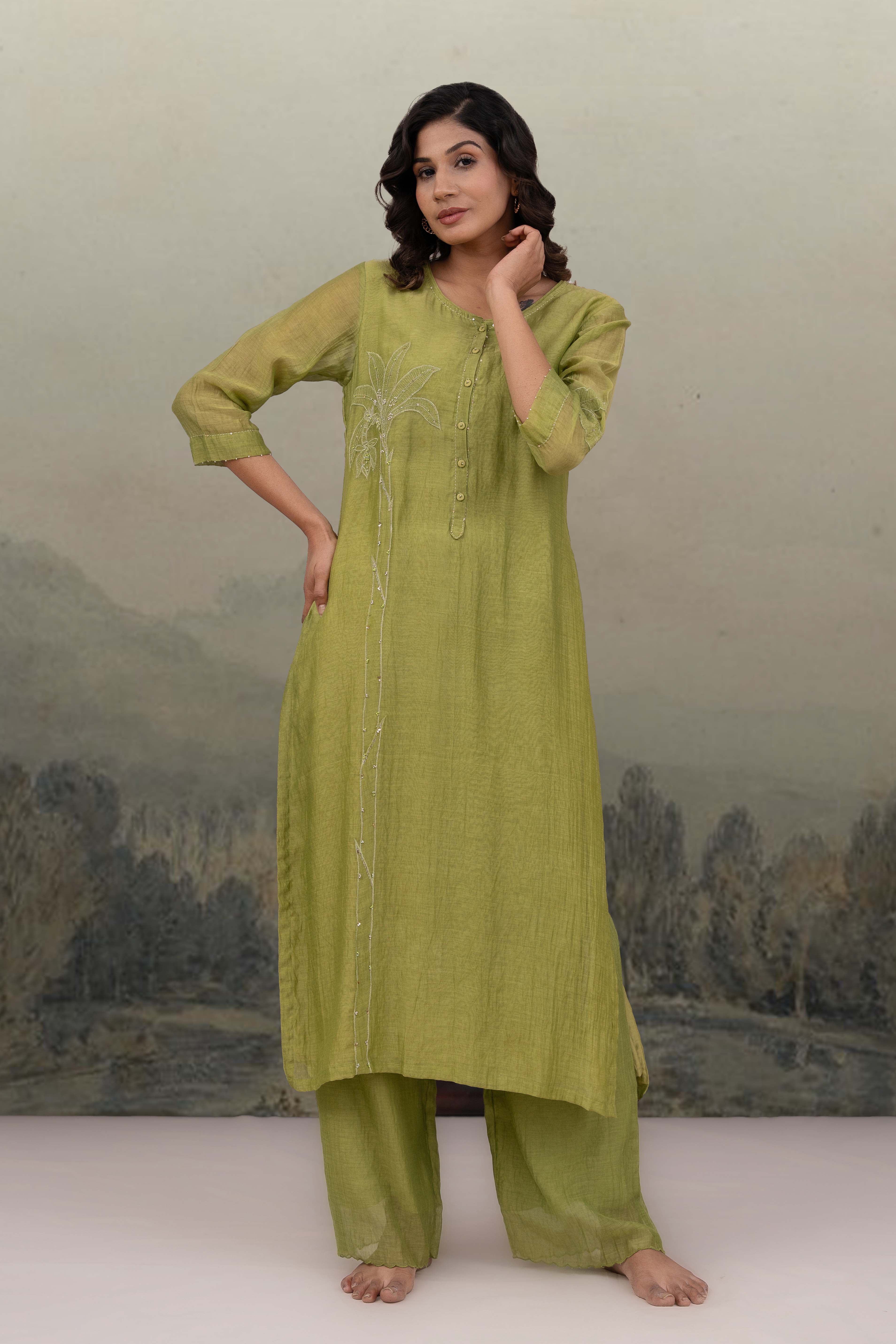 NEON GREEN APPLIQUE KURTA SET
