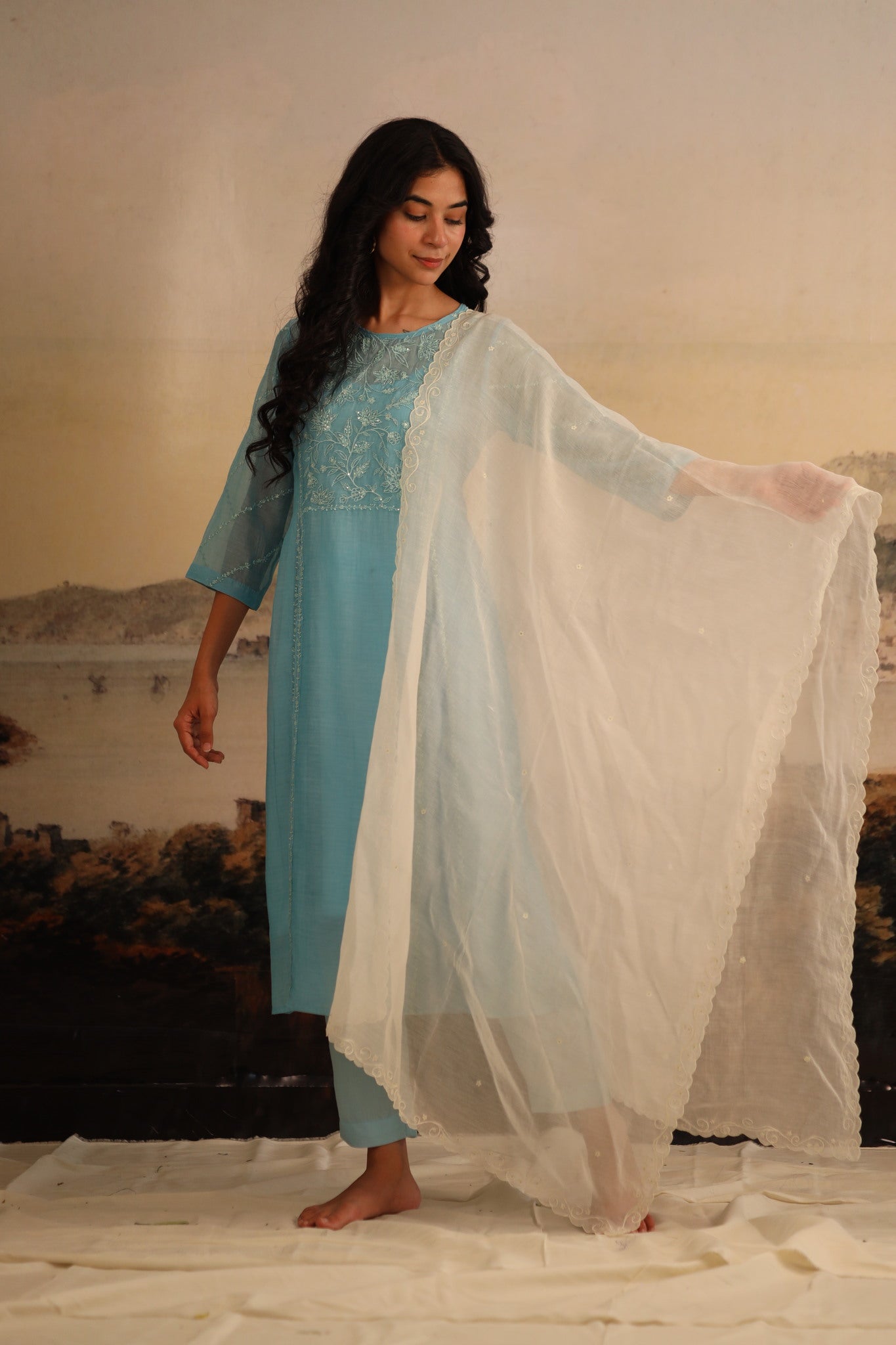 Ivory white tonal emb. Chanderi dupatta