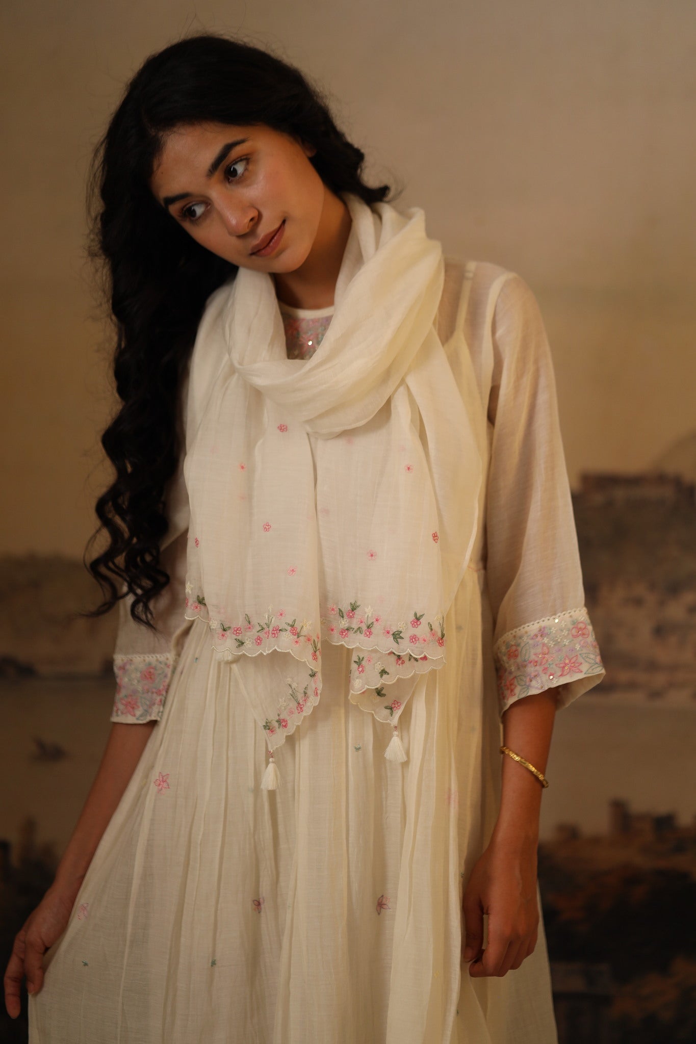 Ivory white embroidered Scarf
