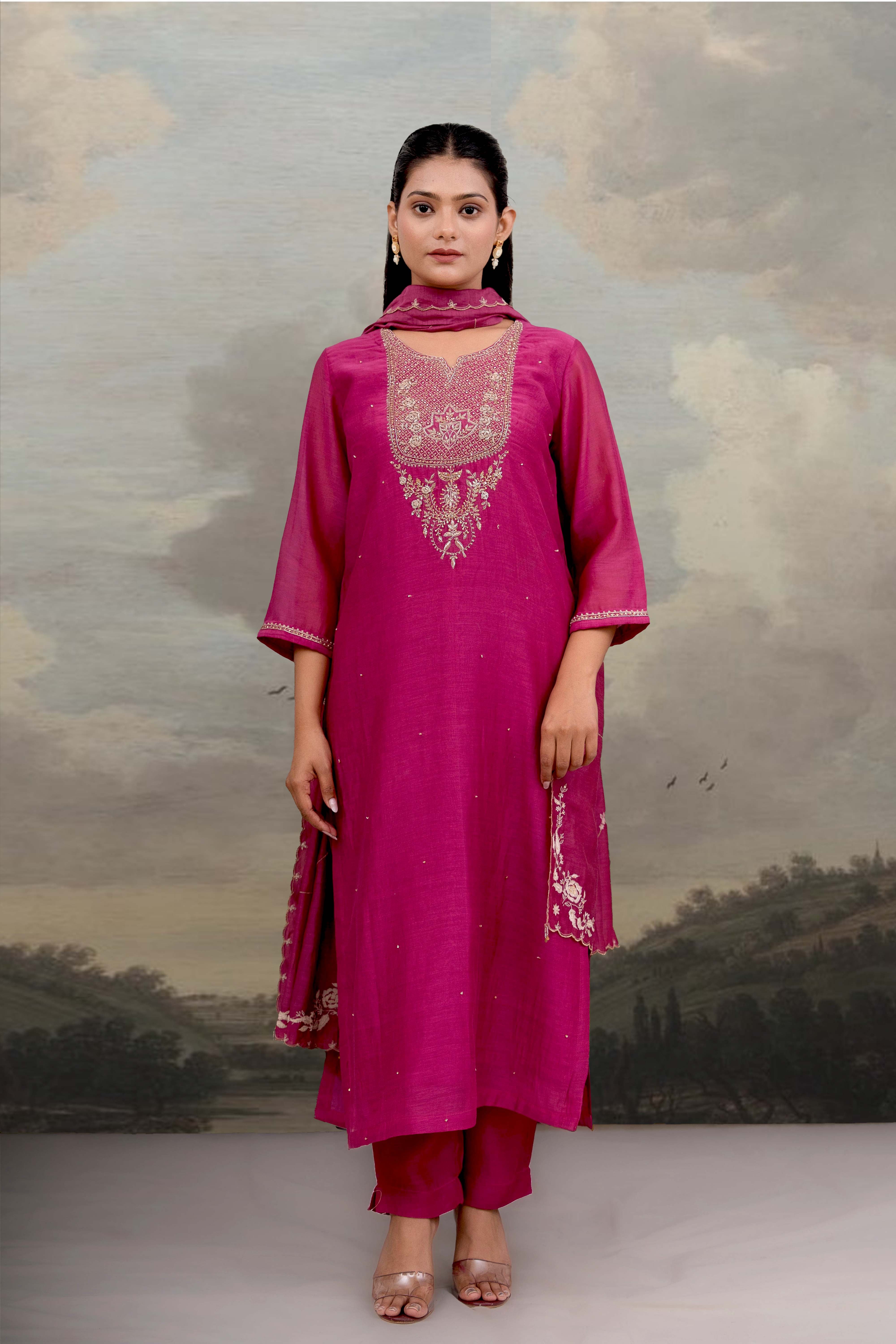 Rani pink paanch patti Zardosi suit set