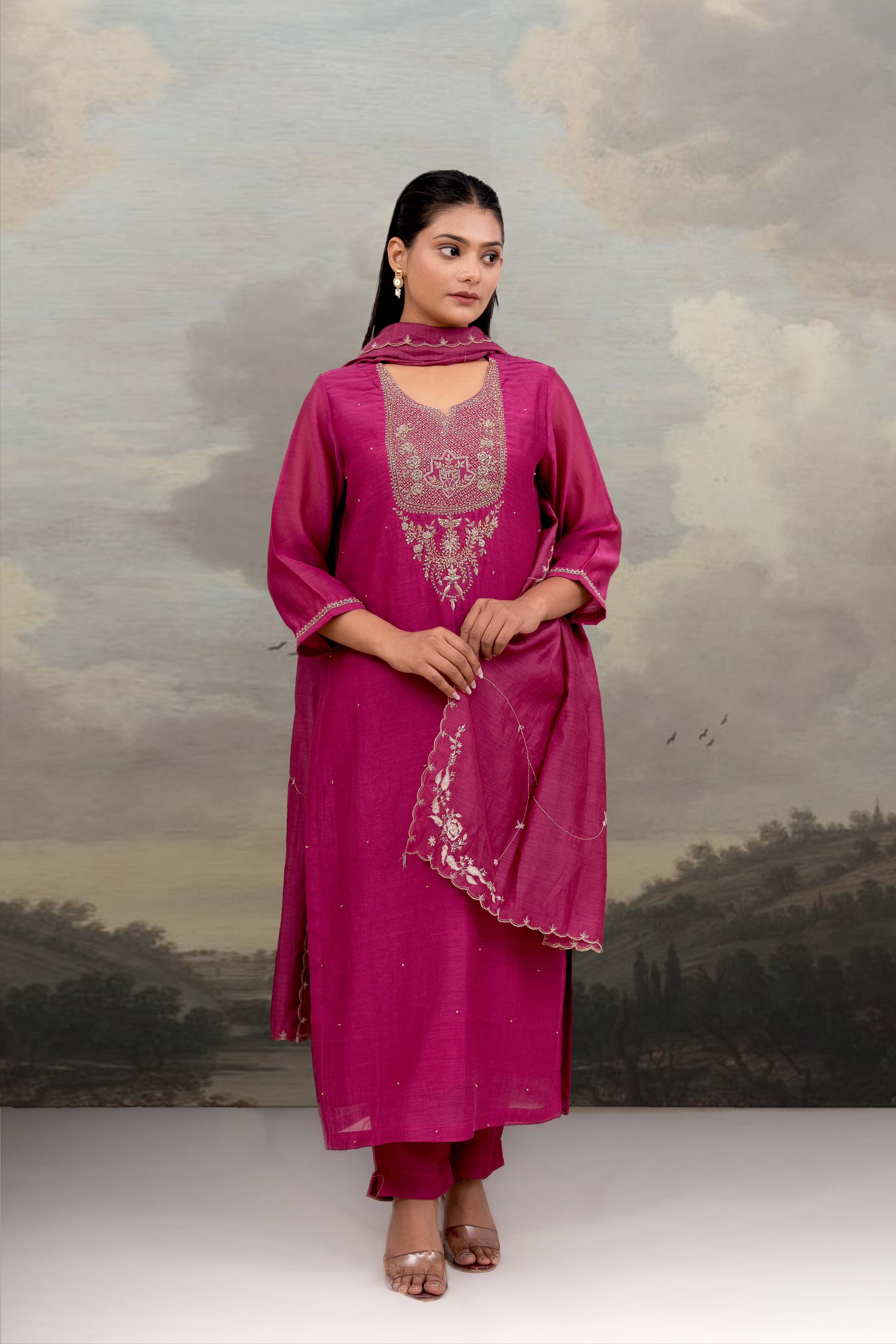 Rani pink paanch patti Zardosi suit set