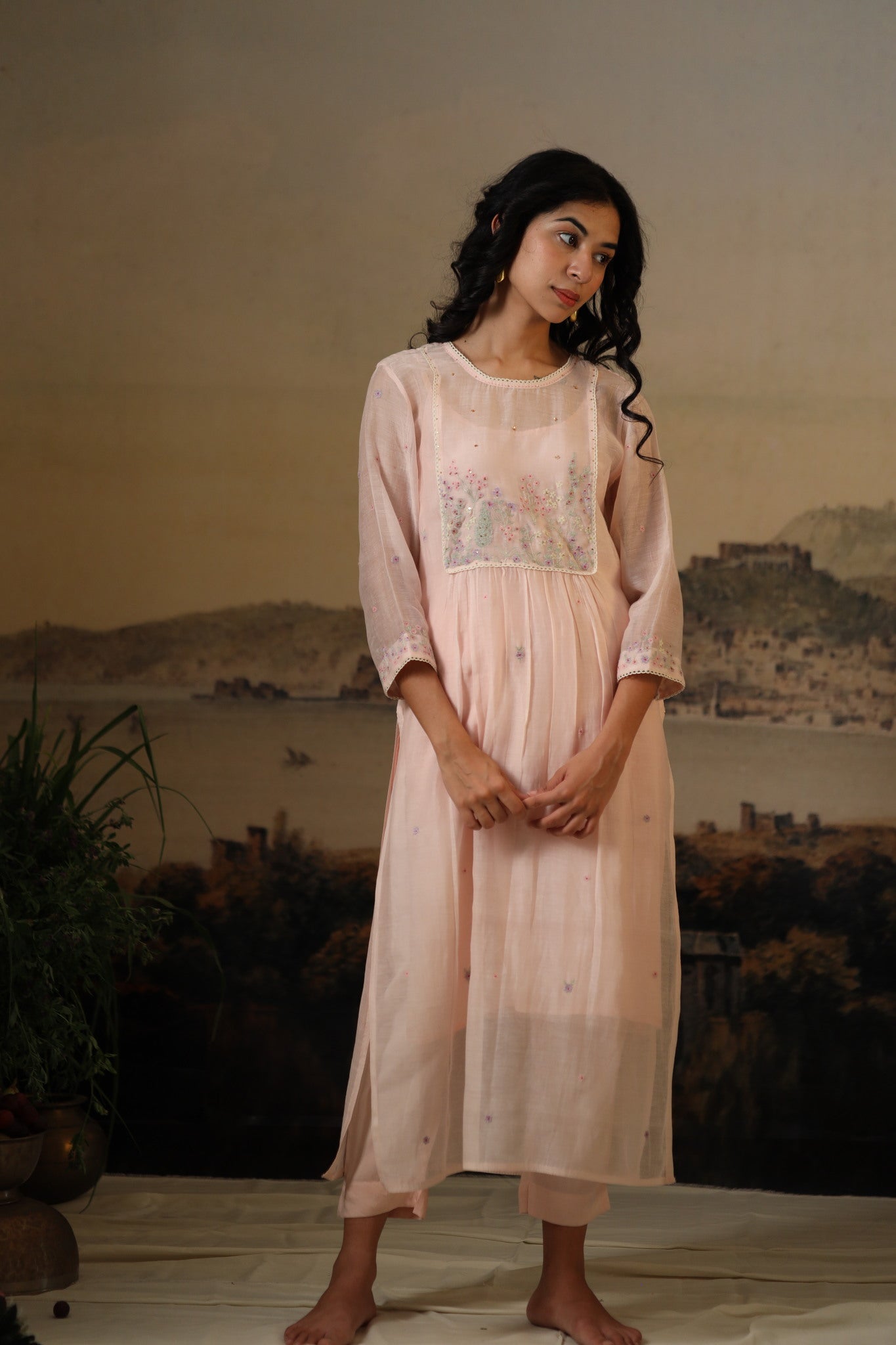 Ivory pink flamingo kurta set with dupatta