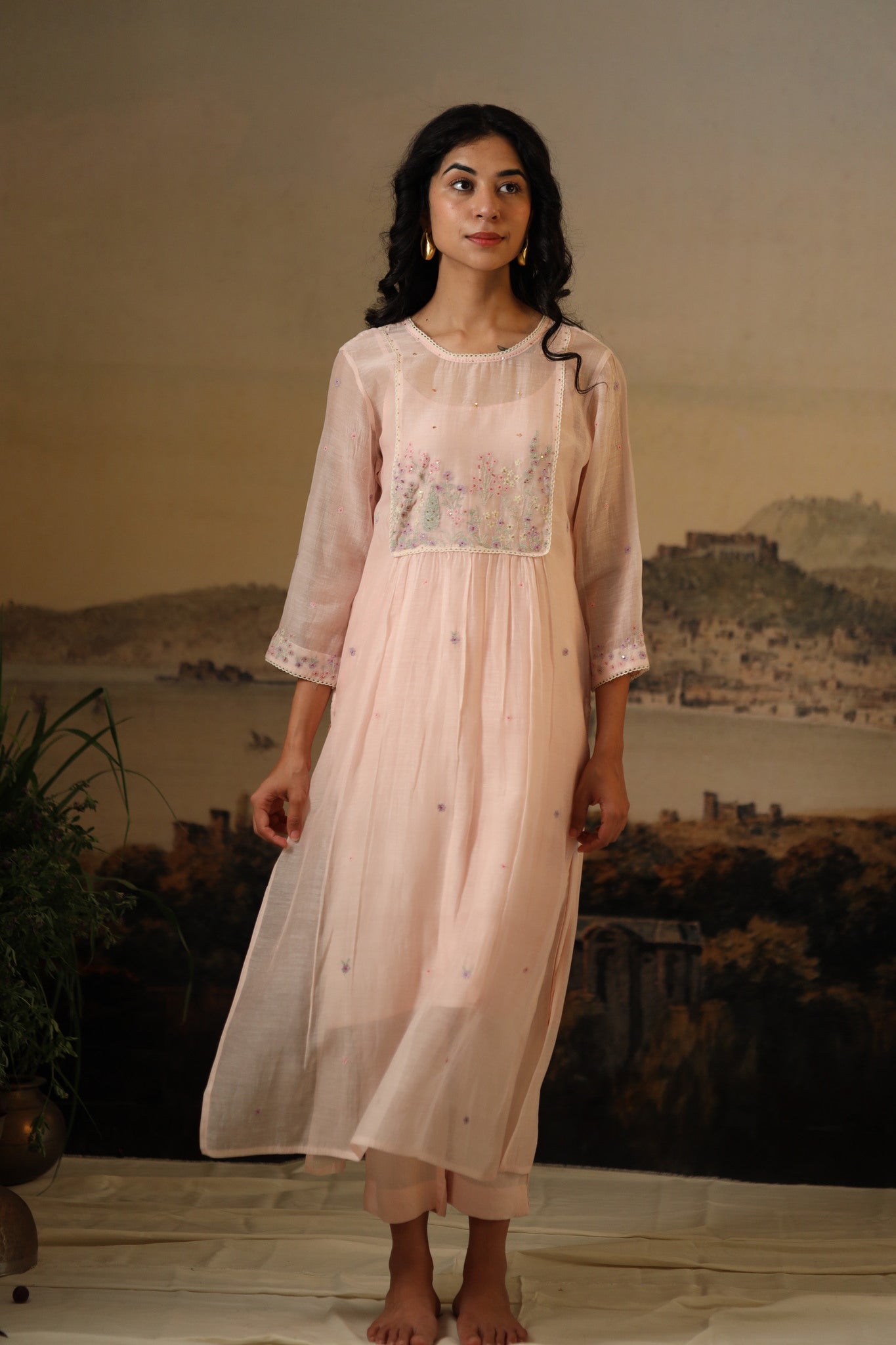 Ivory pink flamingo kurta set with dupatta