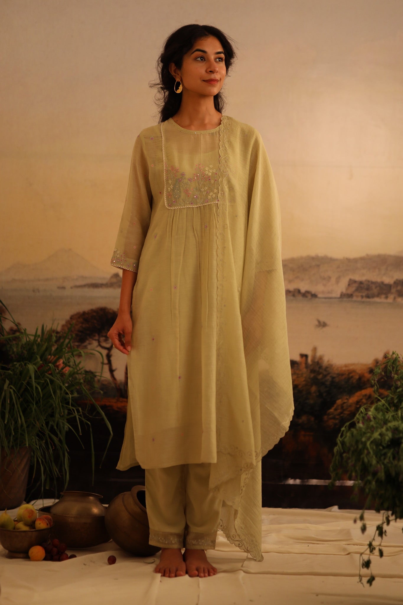 Sage Green Flamingo Kurta set with dupatta