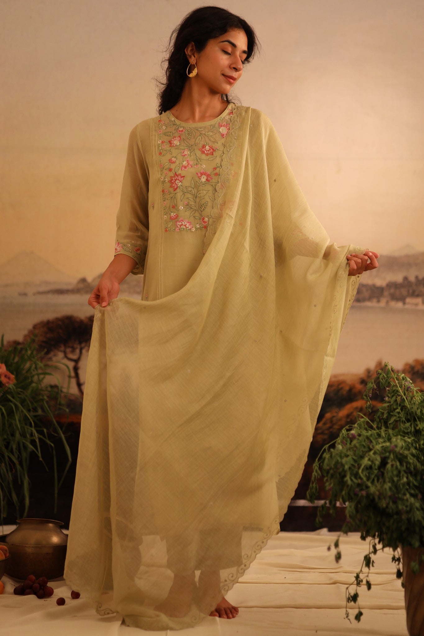 Sage Green Rose Garden kurta set with dupatta