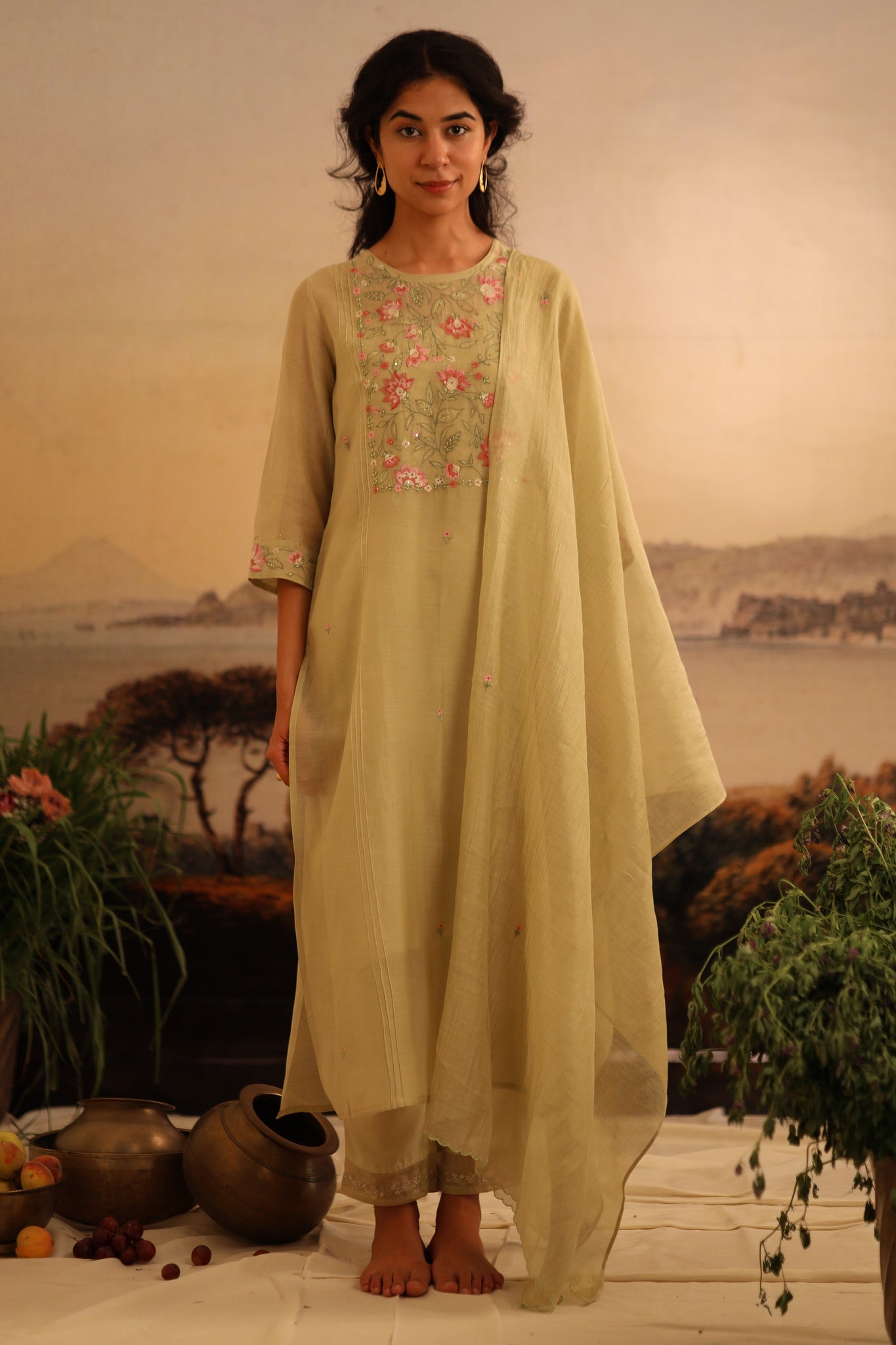 Sage Green Rose Garden kurta set with dupatta