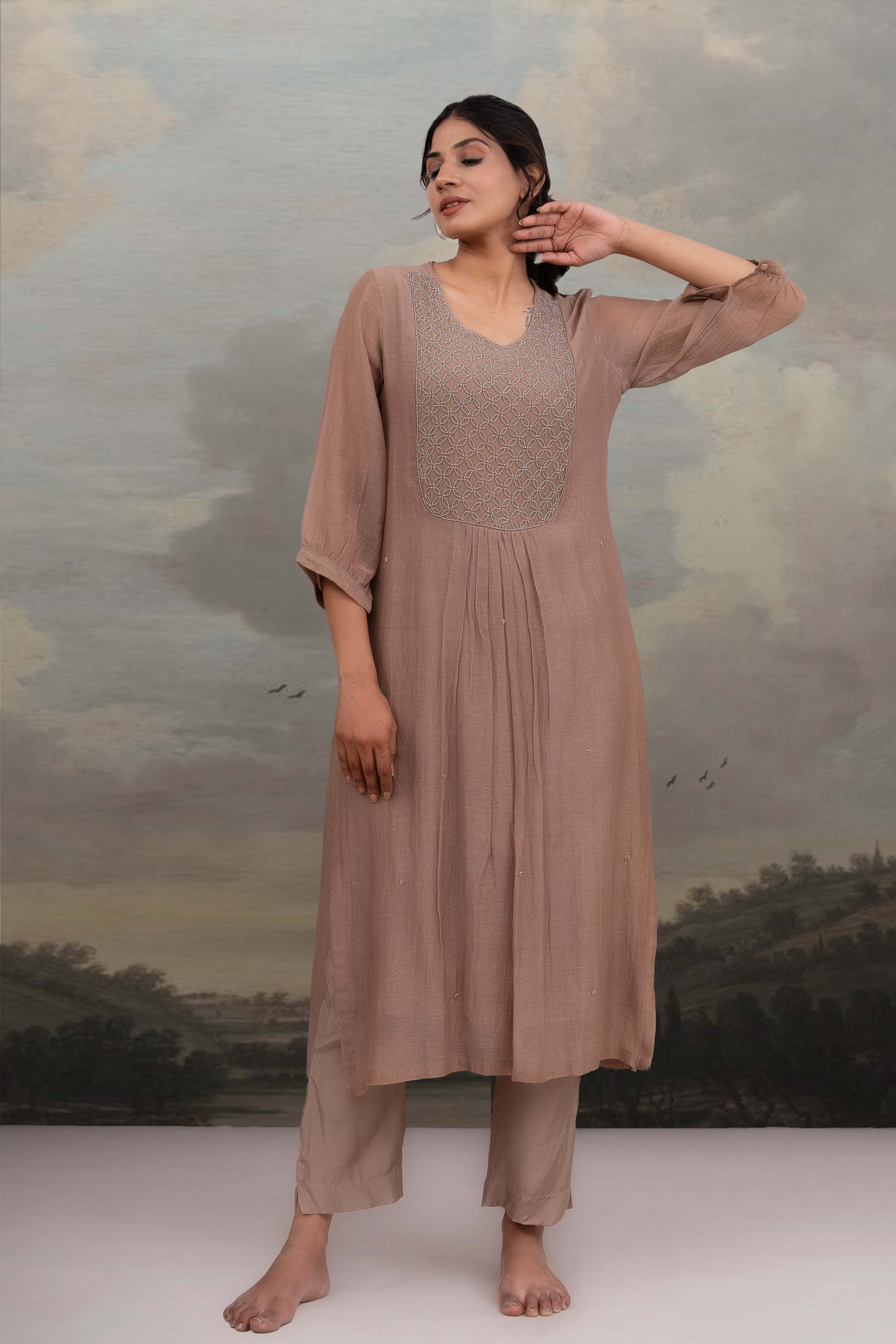 CHIKU BEADED YOKE JAAL KURTA SET