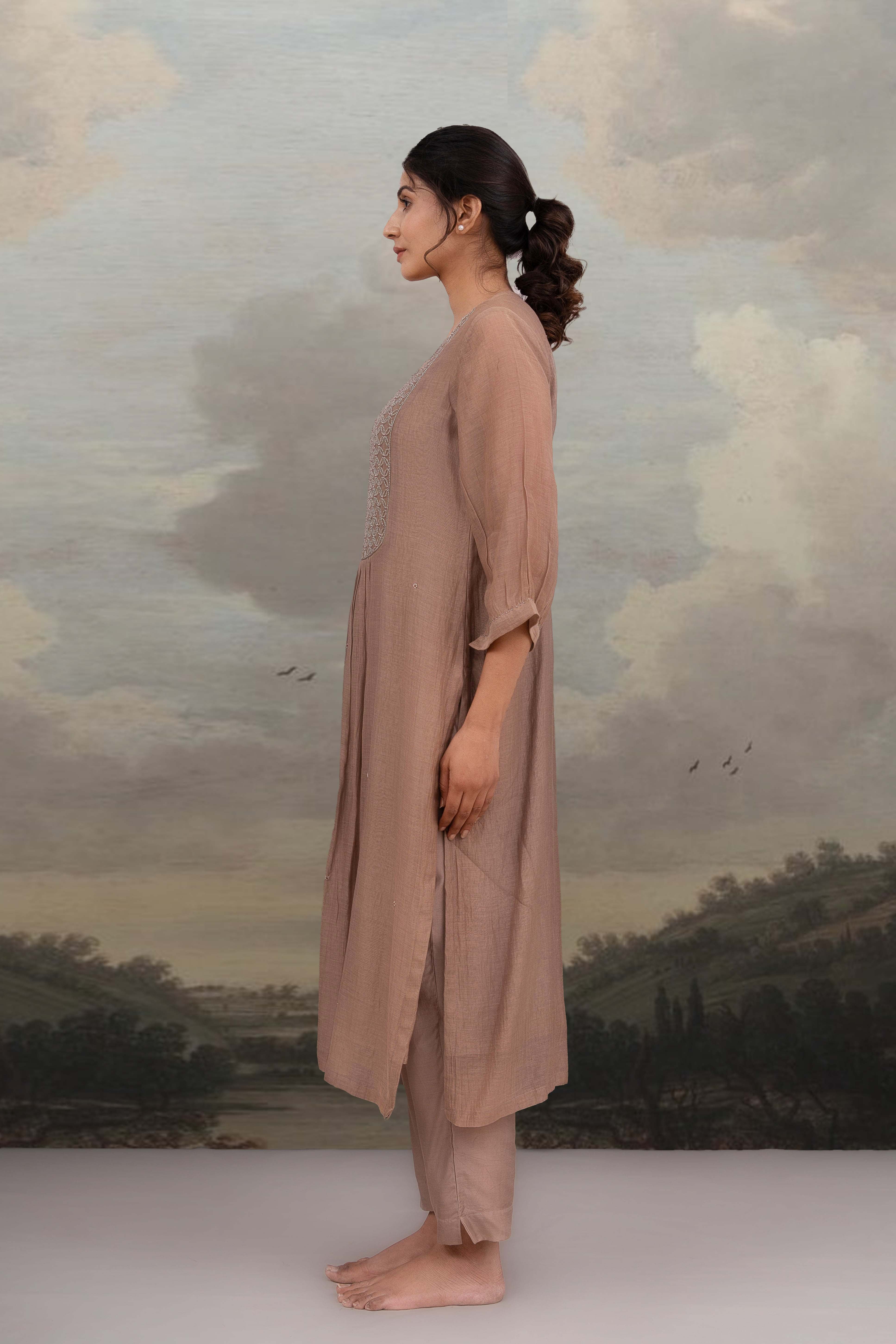 CHIKU BEADED YOKE JAAL KURTA SET