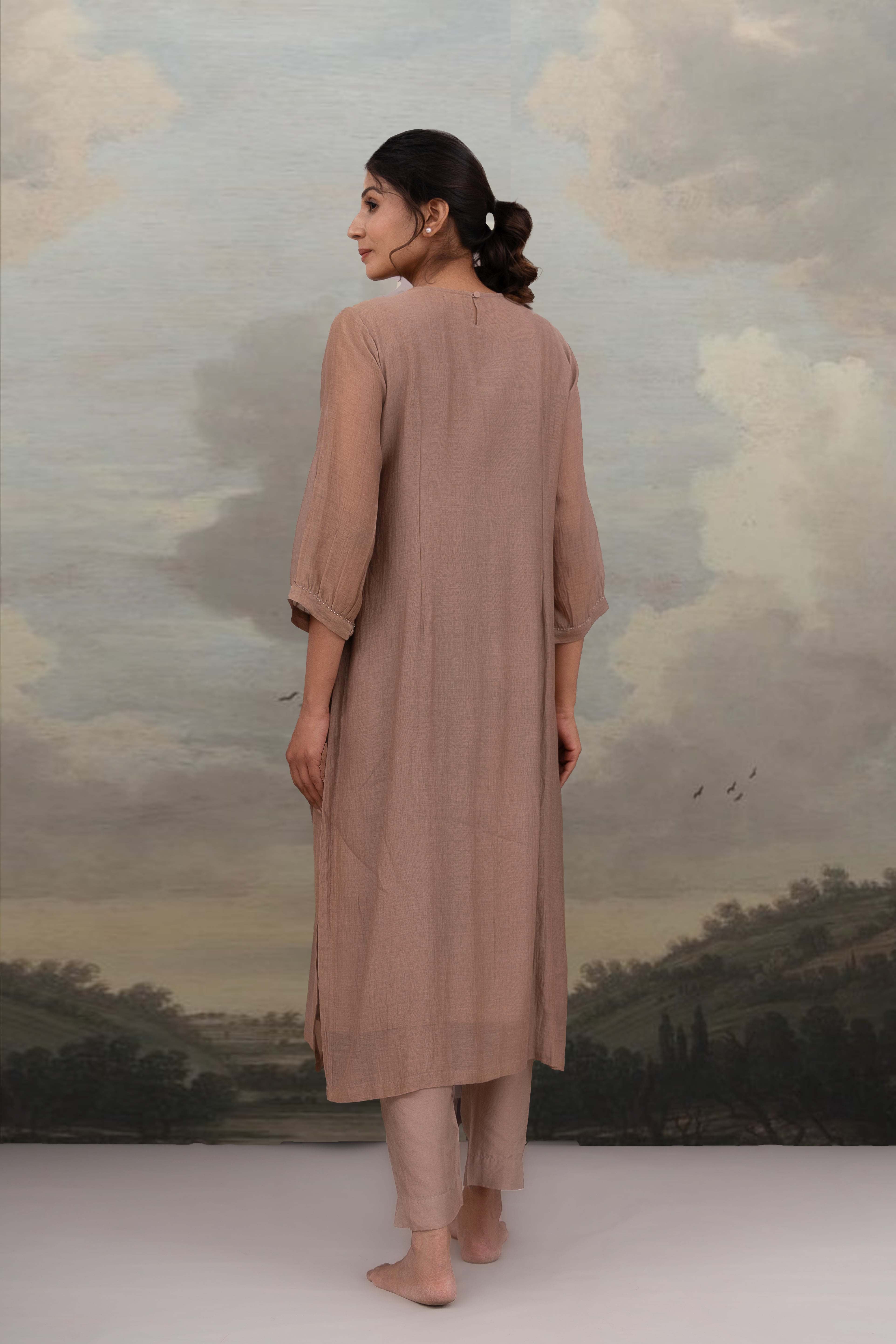 CHIKU BEADED YOKE JAAL KURTA SET