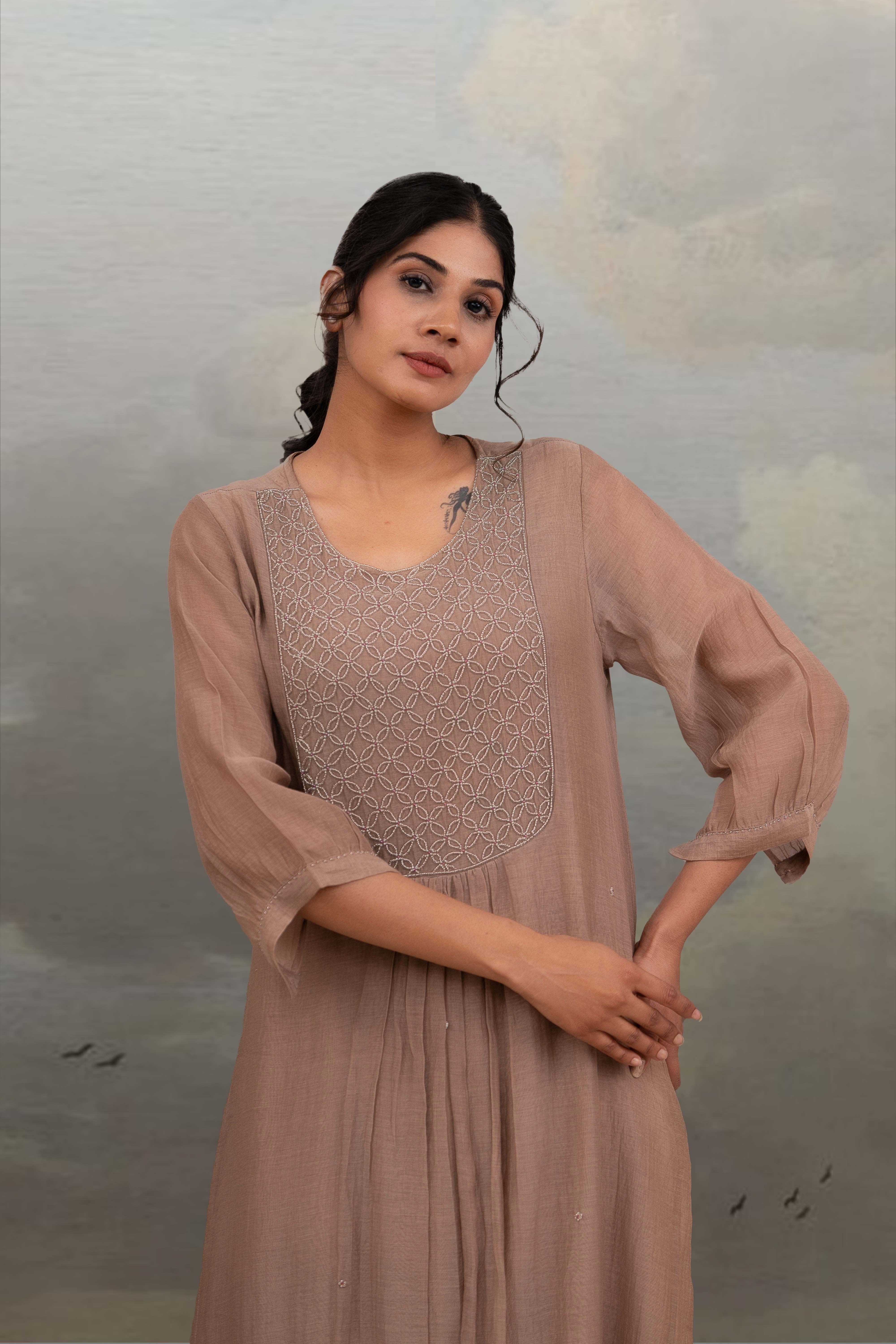 CHIKU BEADED YOKE JAAL KURTA SET
