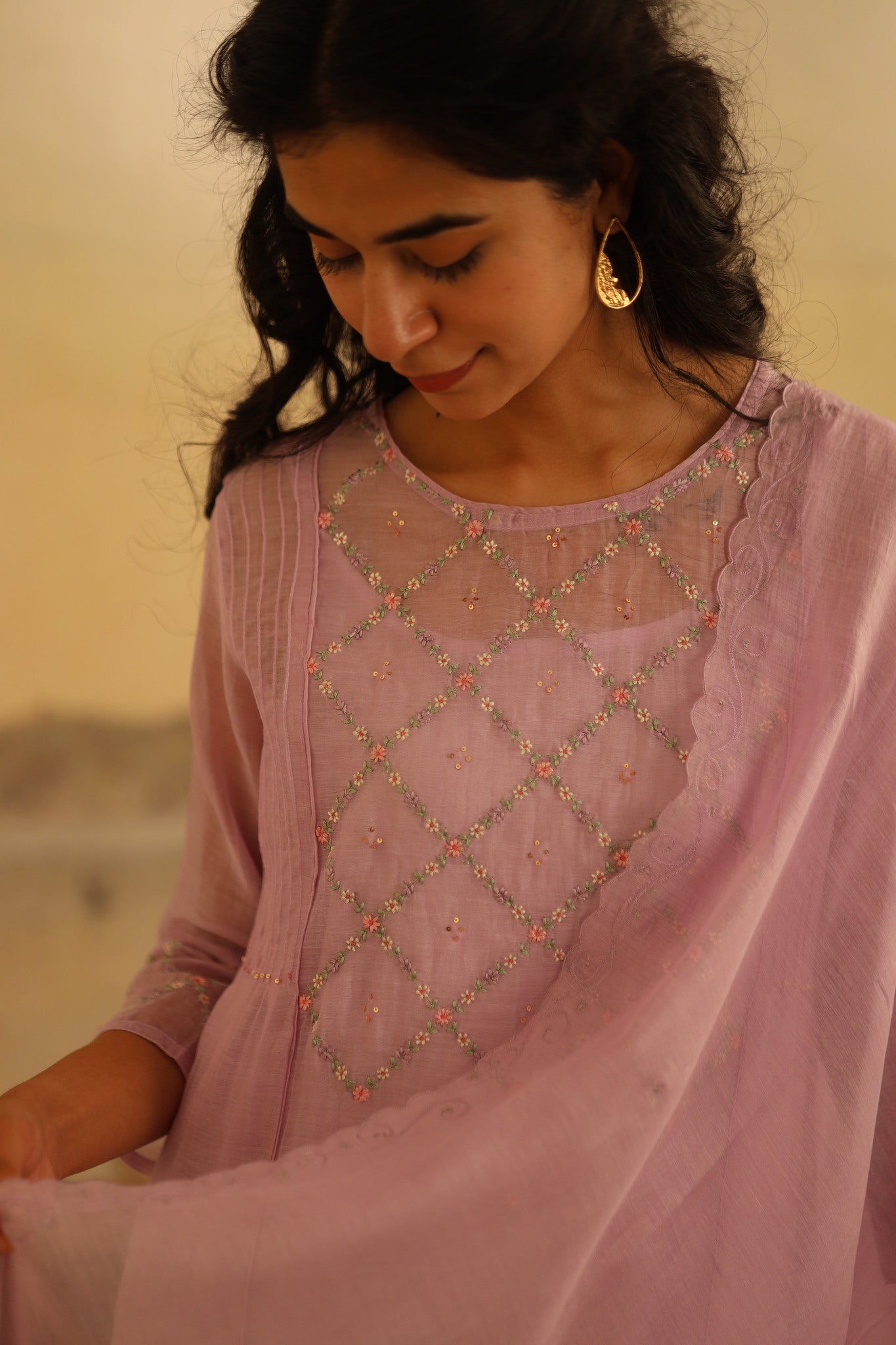 Lavender crossbuti kurta set with dupatta