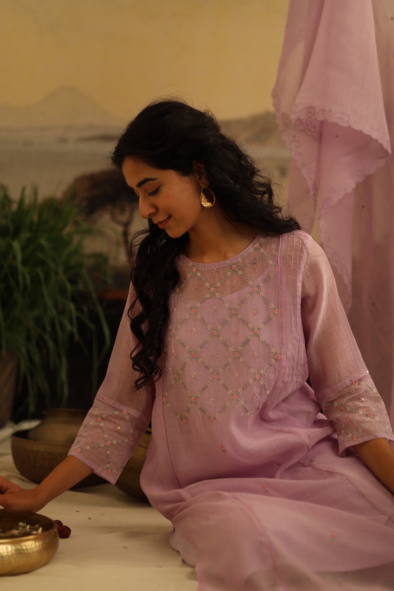 Lavender crossbuti kurta set with dupatta