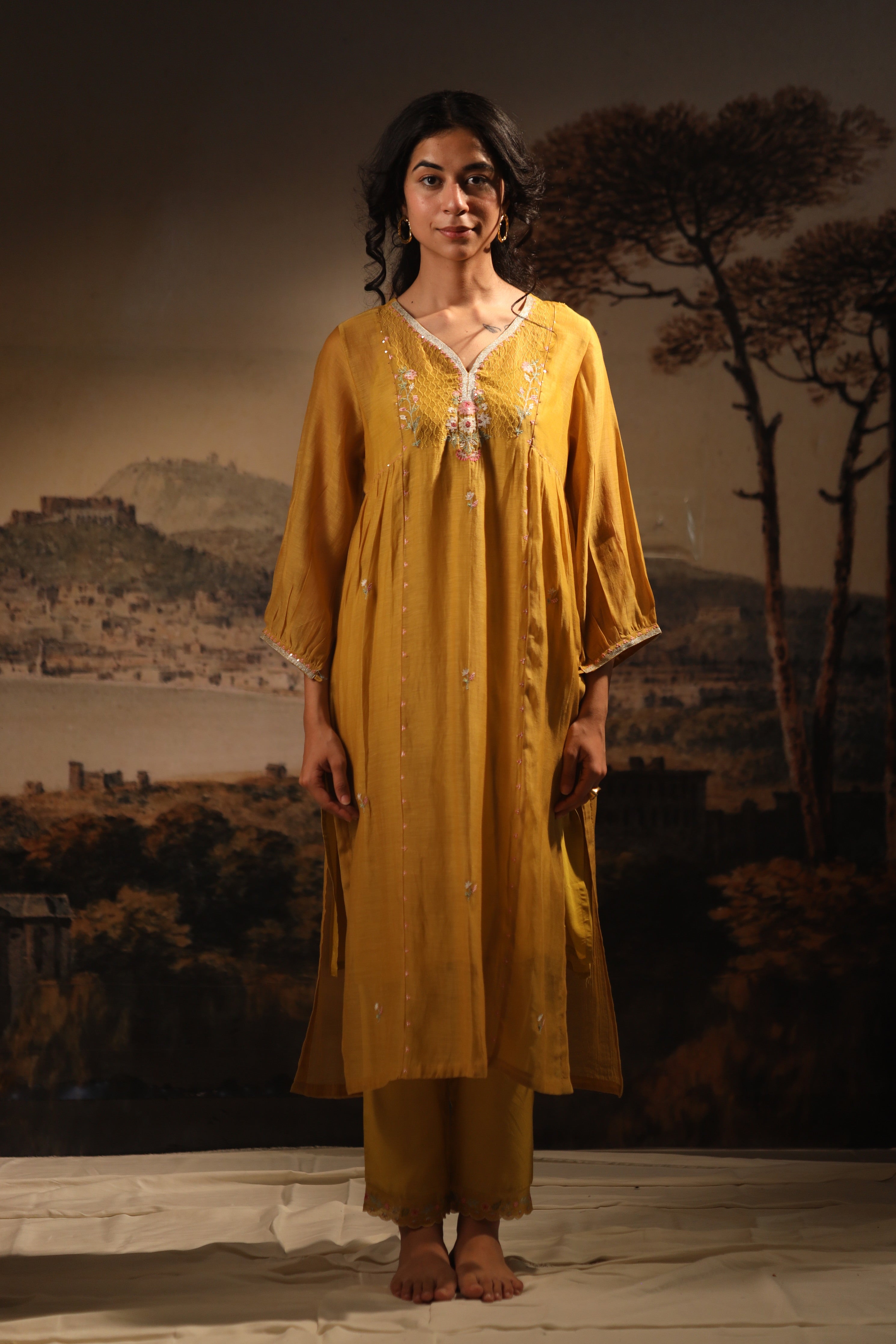 Mustard juhi yoke kurta set with dupatta