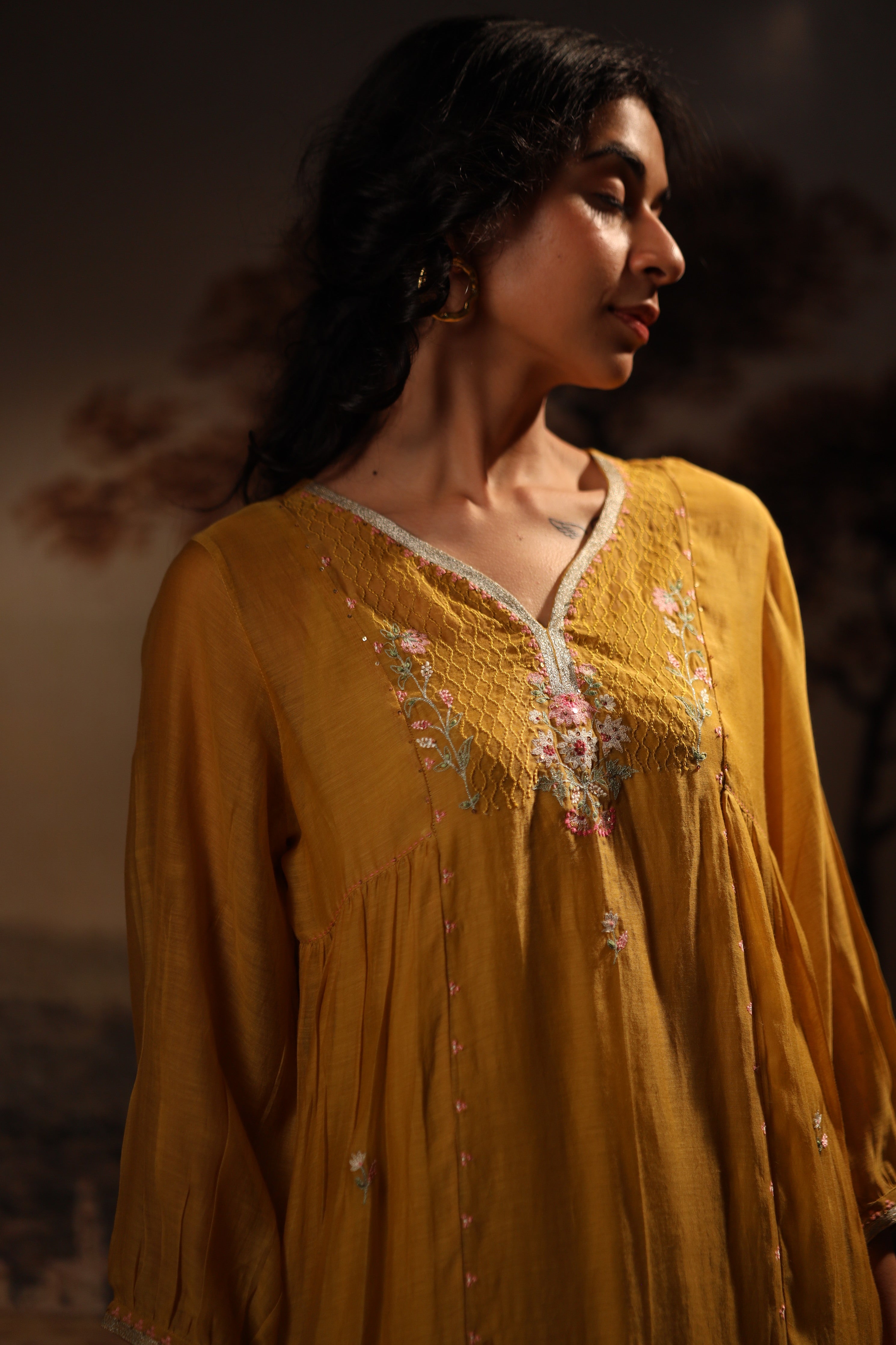 Mustard juhi yoke kurta set with dupatta