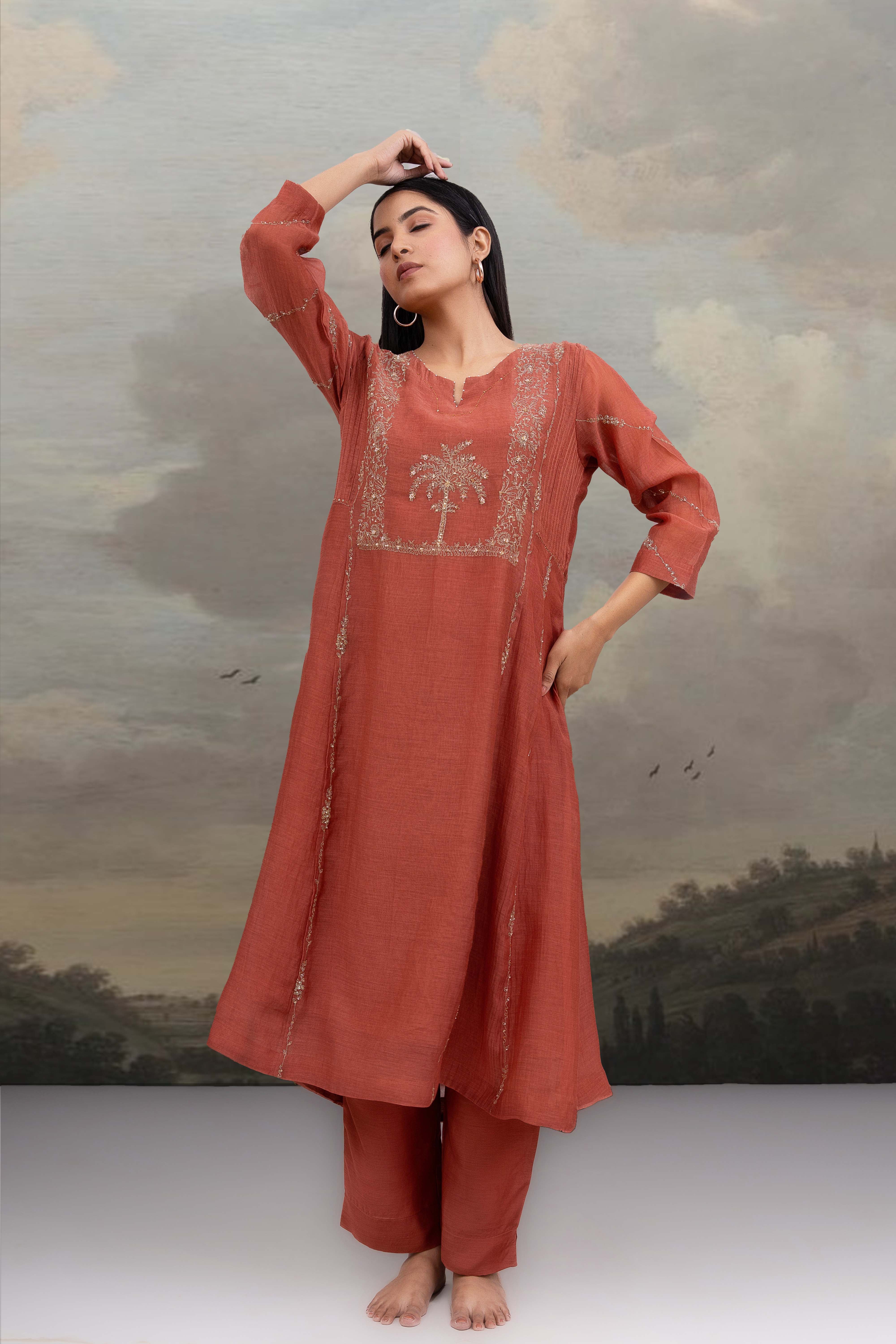 Rust Desert palm dress with dupatta