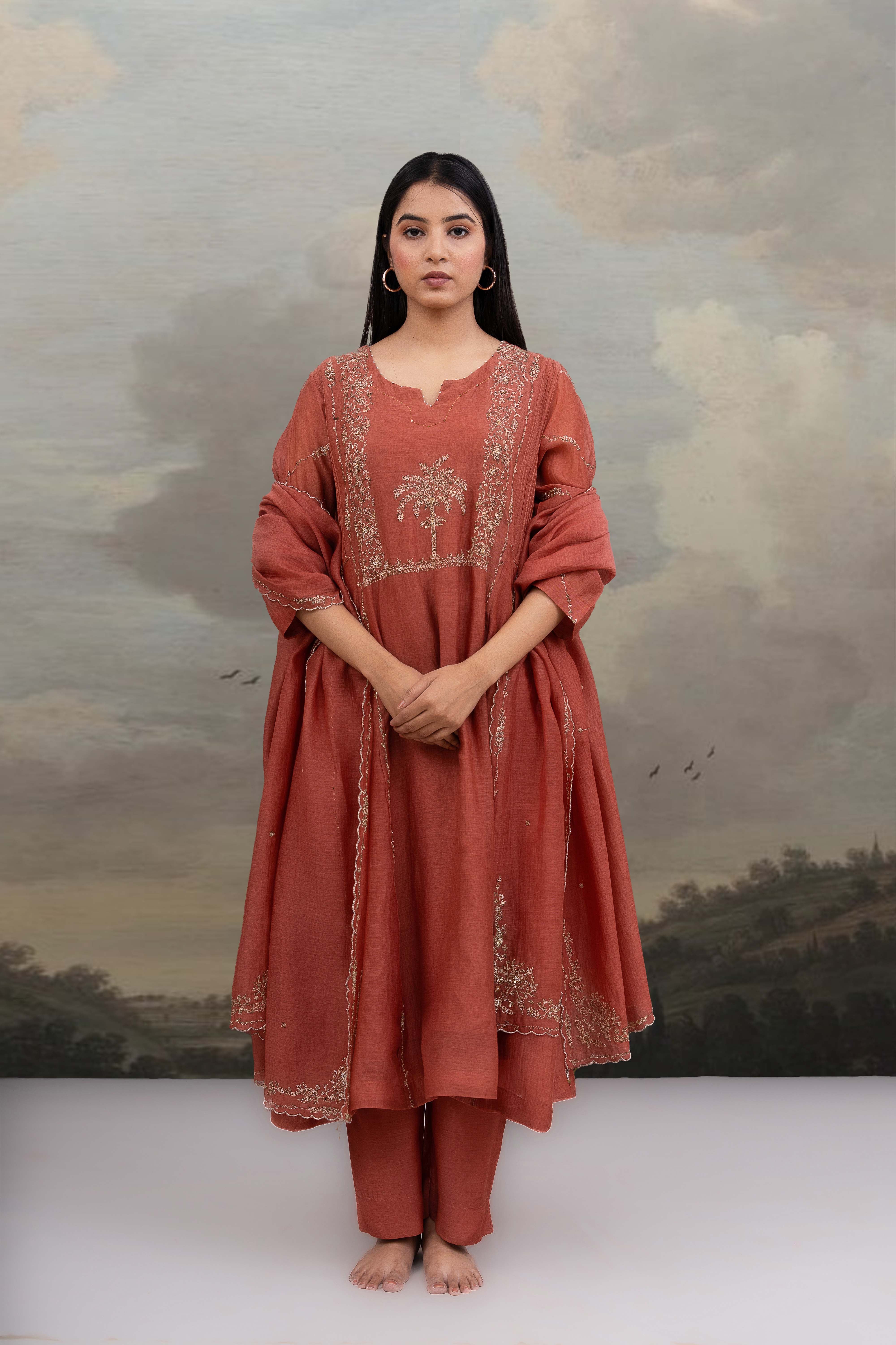 Rust Desert palm dress with dupatta