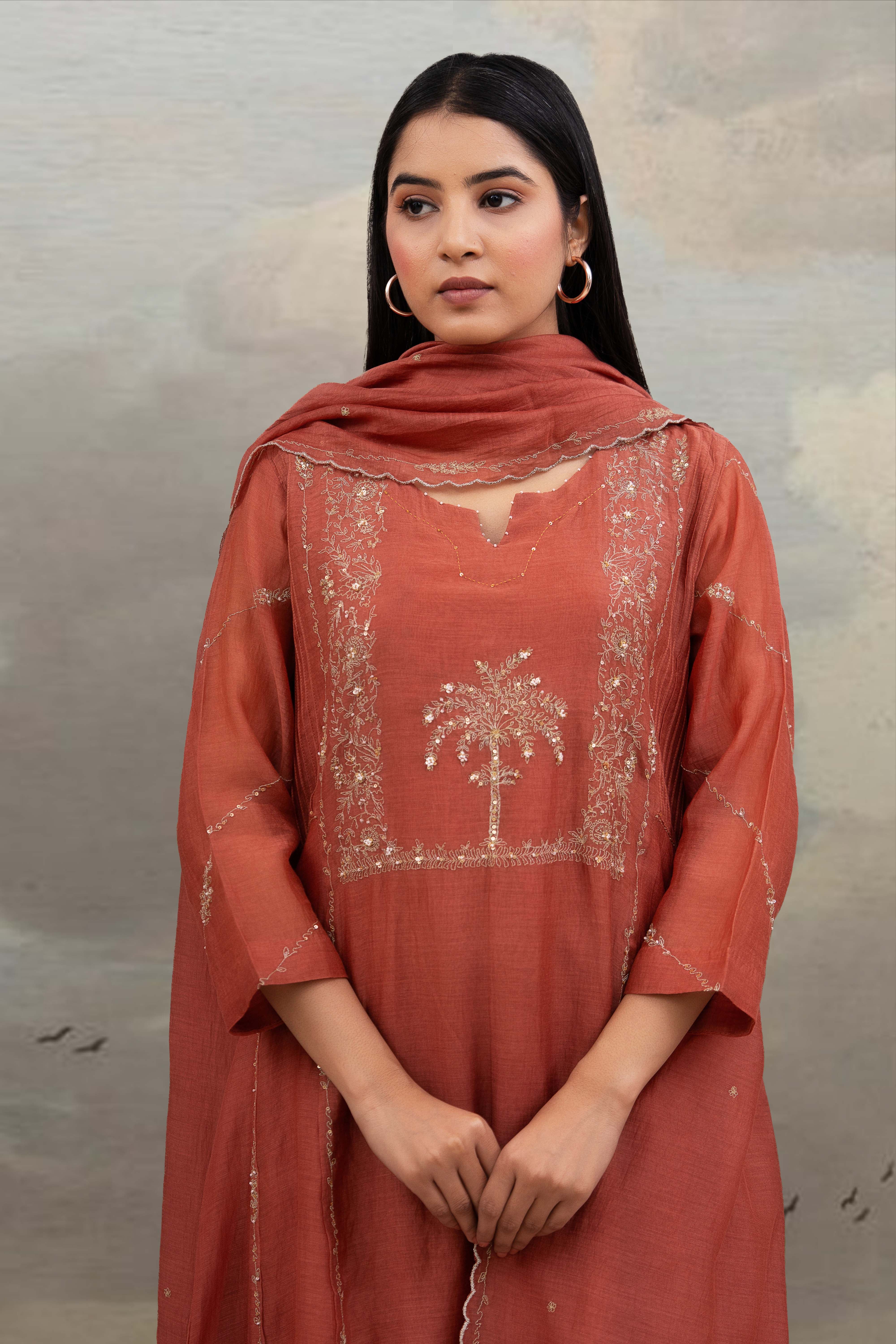 Rust Desert palm dress with dupatta