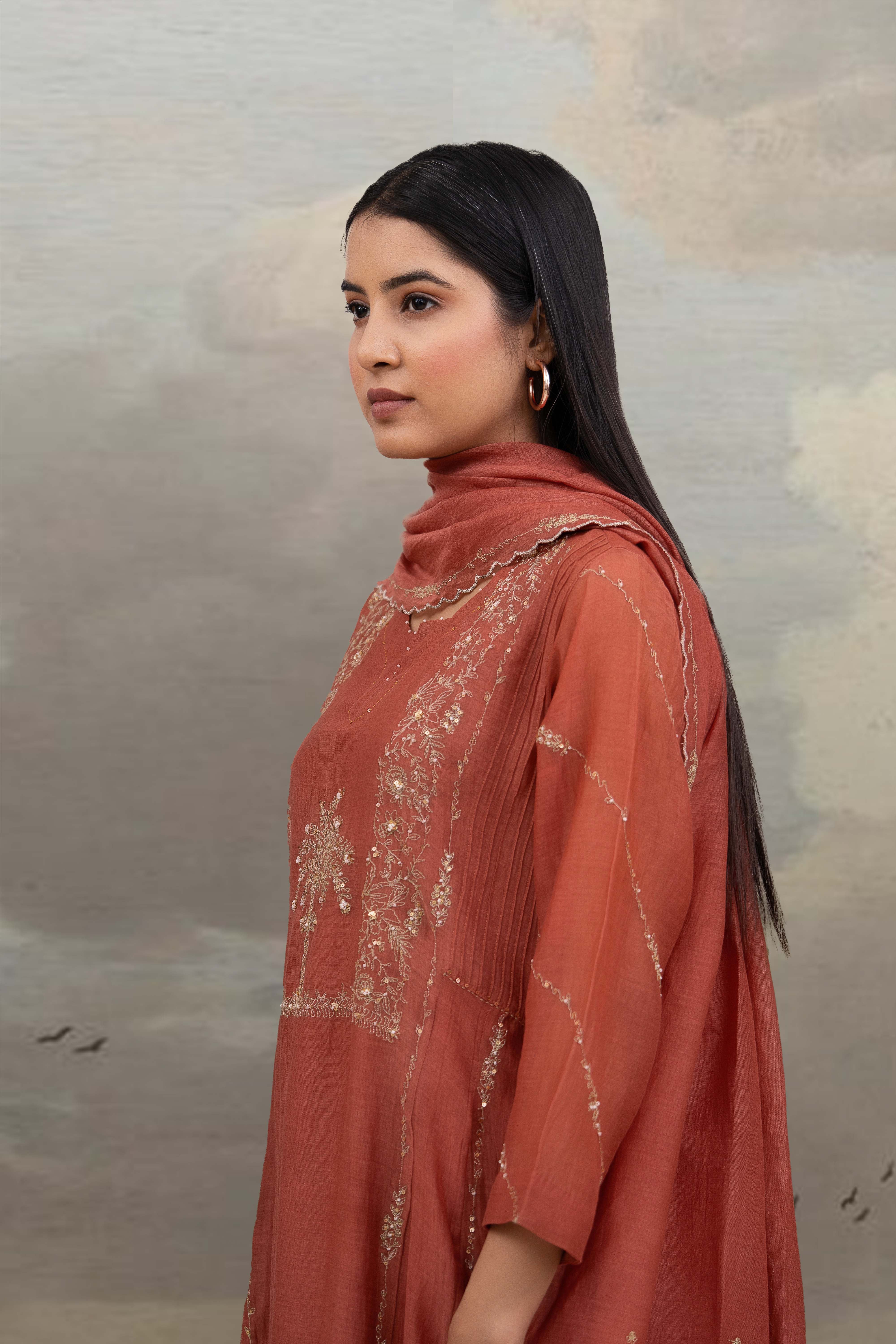 Rust Desert palm dress with dupatta