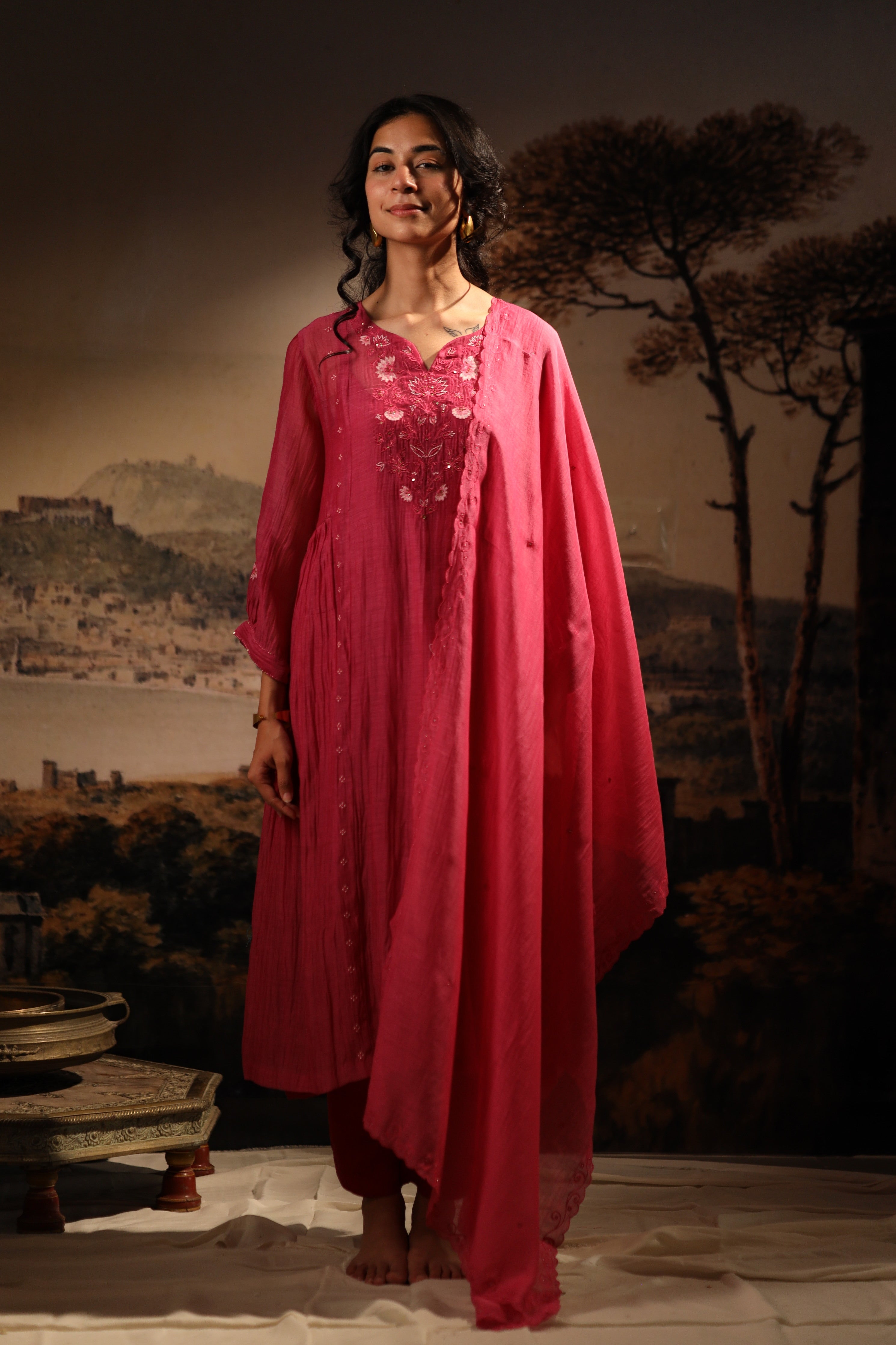 Hot pink juhi yoke kurta set with dupatta