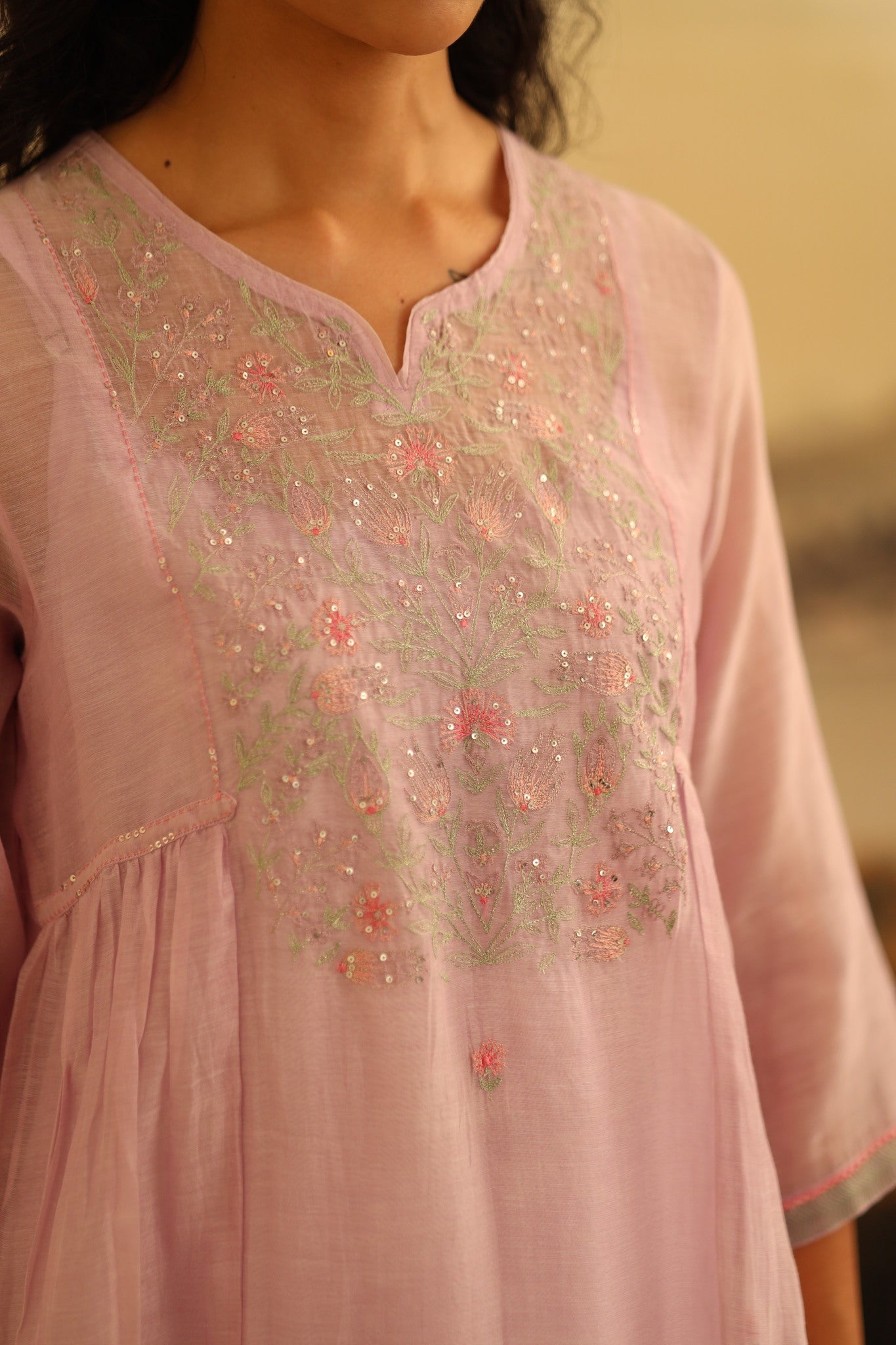 Lavender Tulip yoke jaal kurta set with dupatta