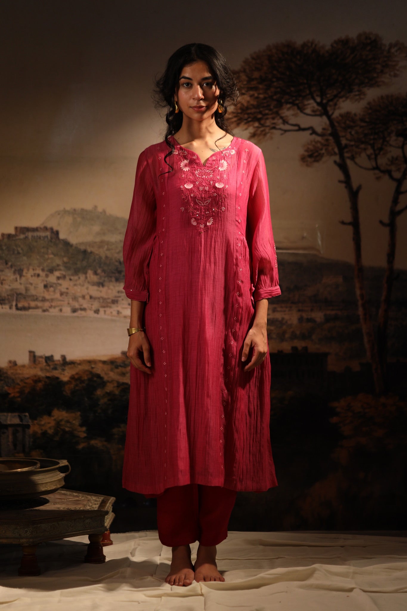 Hot pink juhi yoke kurta set with dupatta