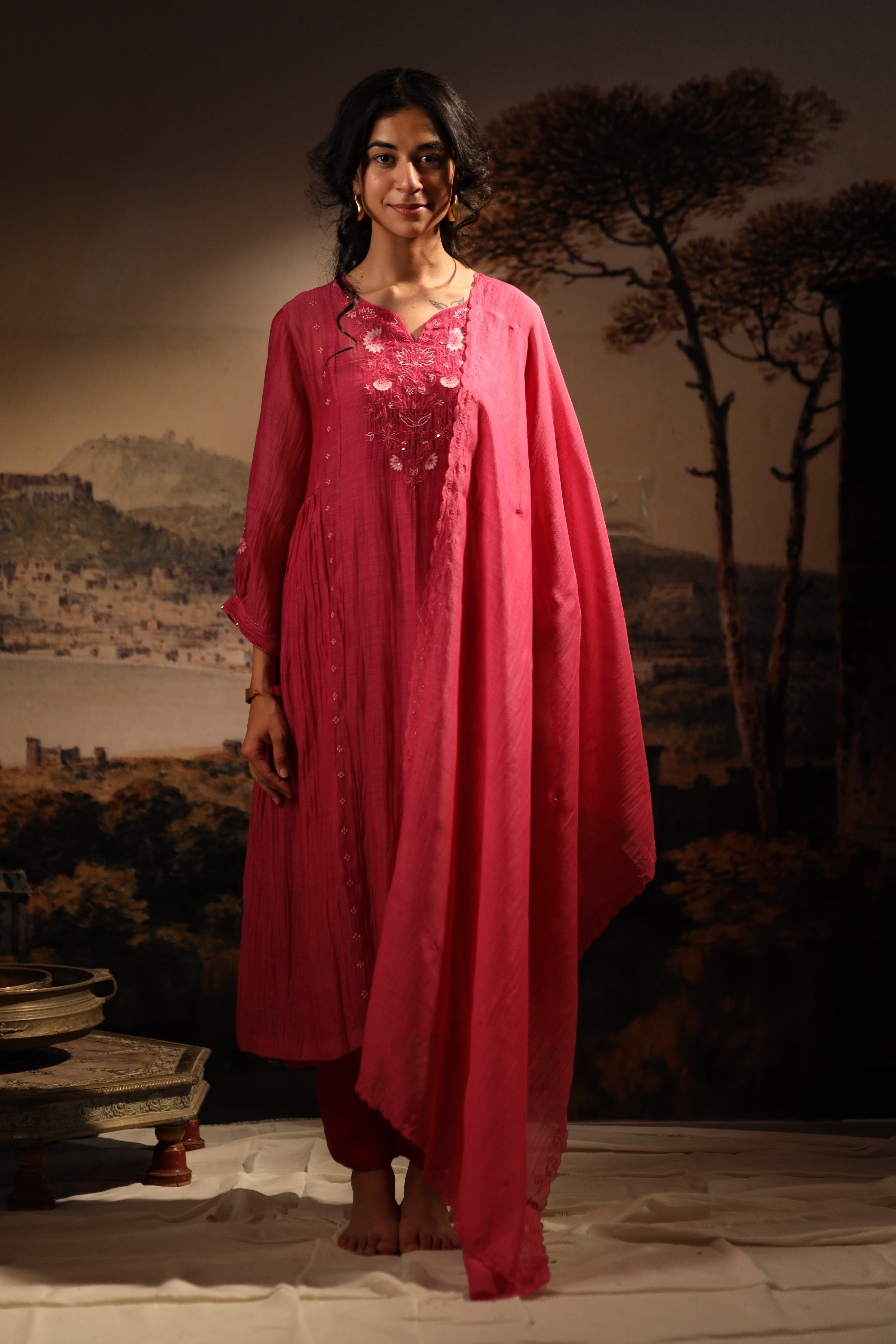 Hot pink juhi yoke kurta set with dupatta