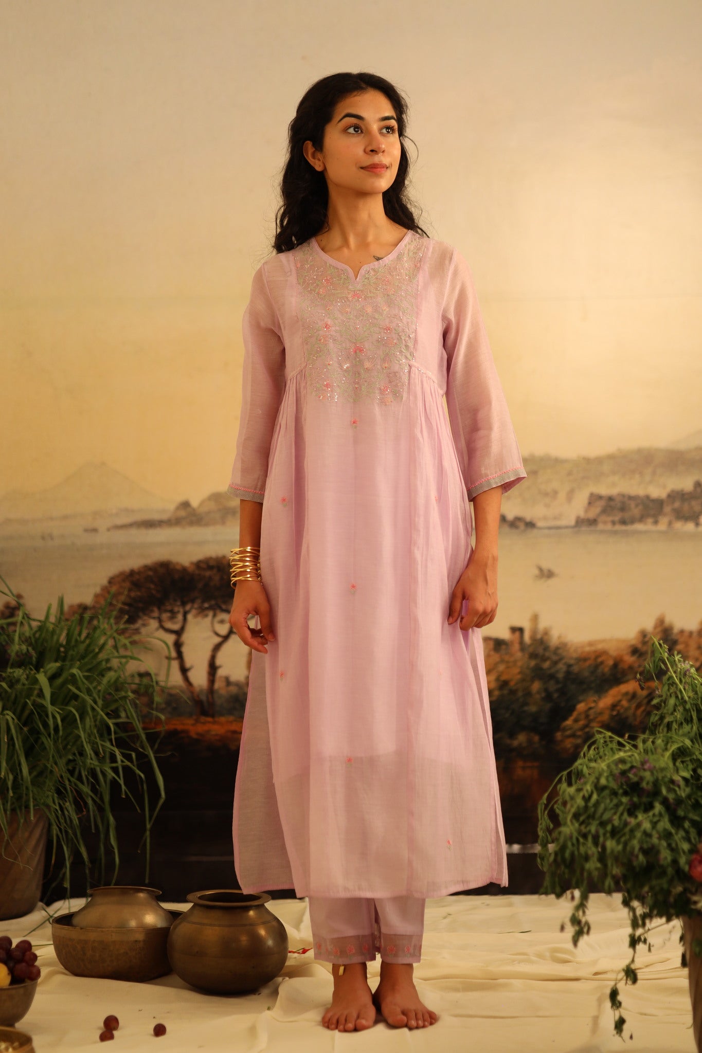Lavender Tulip yoke jaal kurta set with dupatta