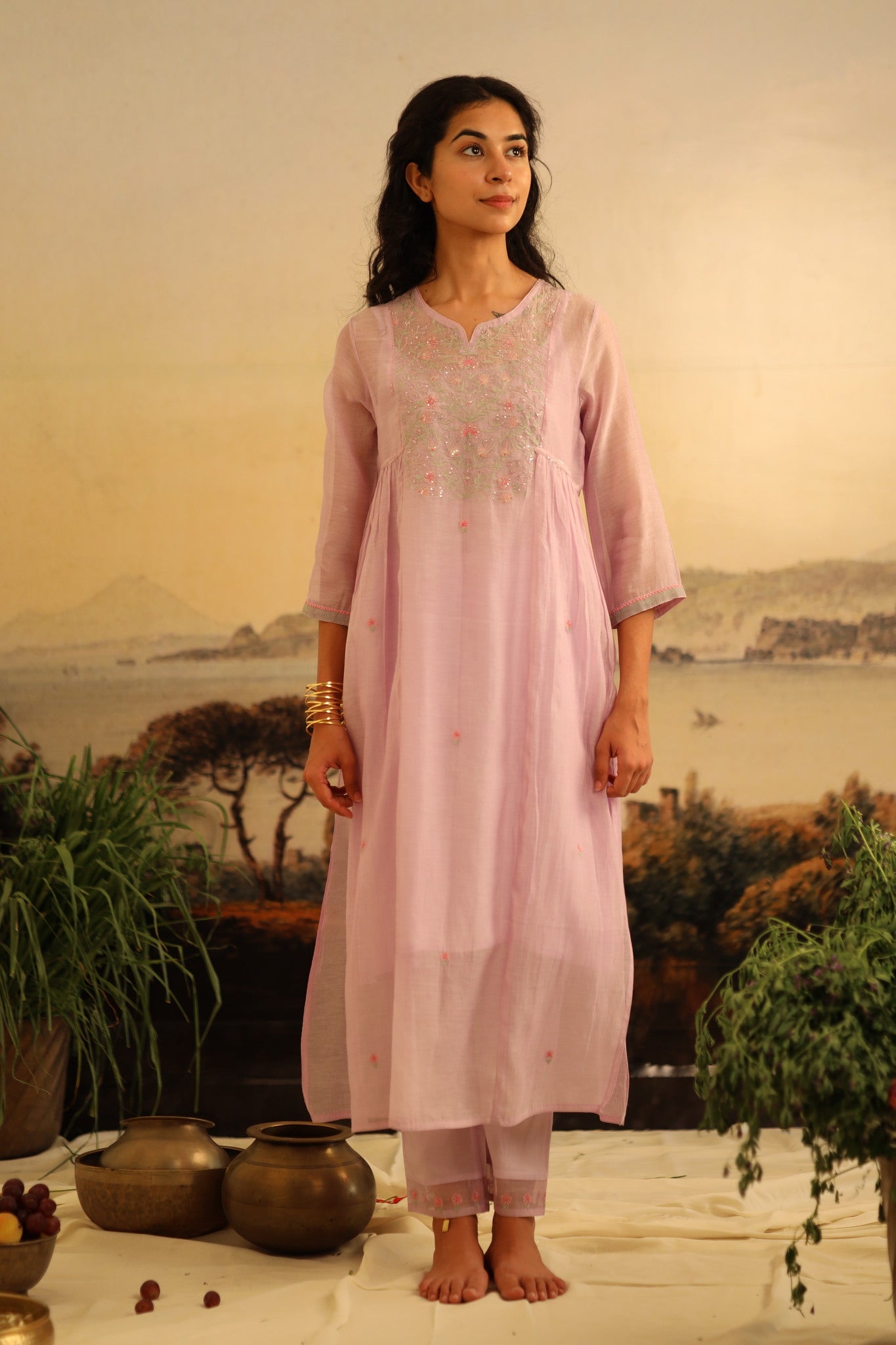 Lavender Tulip yoke jaal kurta set with dupatta