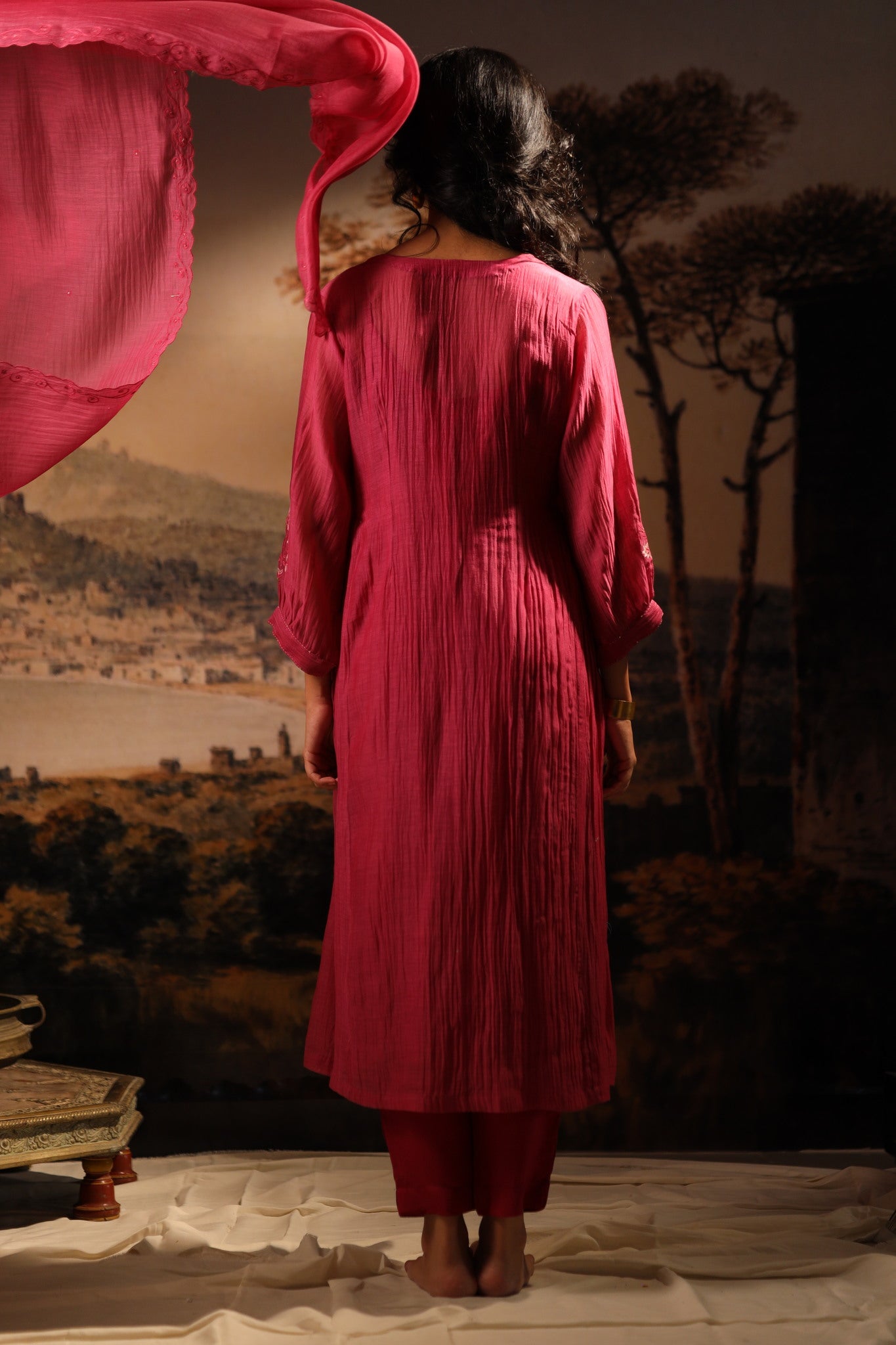 Hot pink juhi yoke kurta set with dupatta