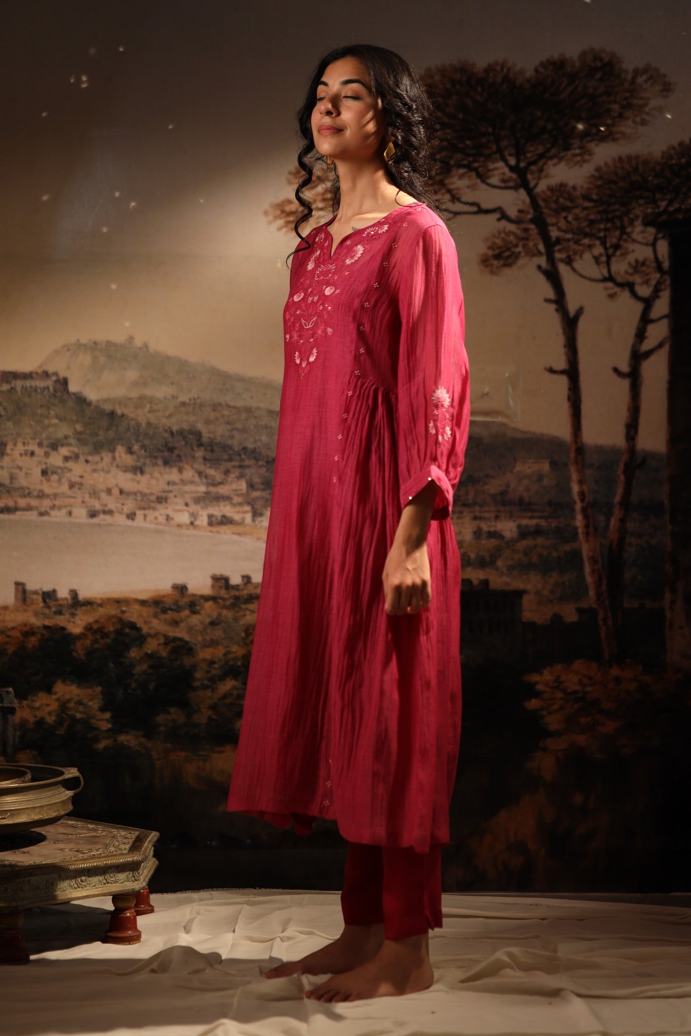 Hot pink juhi yoke kurta set with dupatta