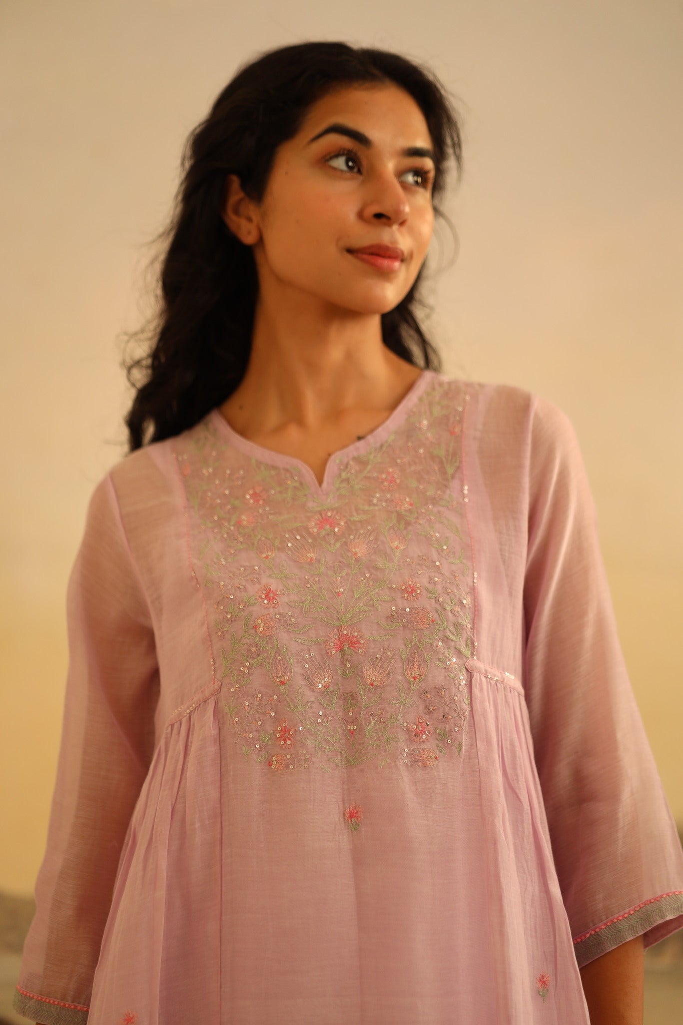 Lavender Tulip yoke jaal kurta set with dupatta