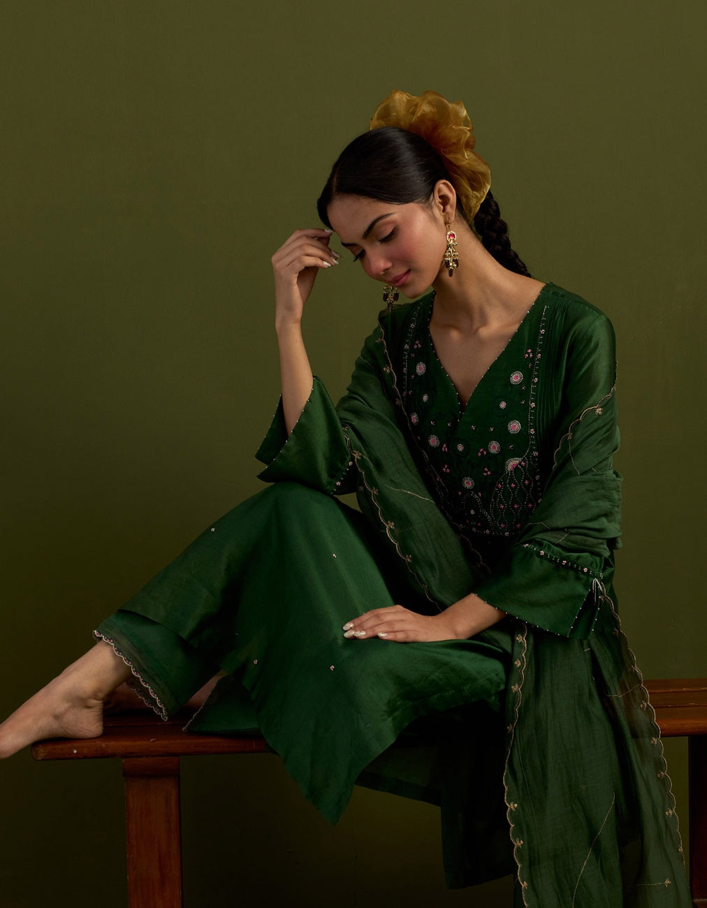 Bottle green Glass beaded Suit set