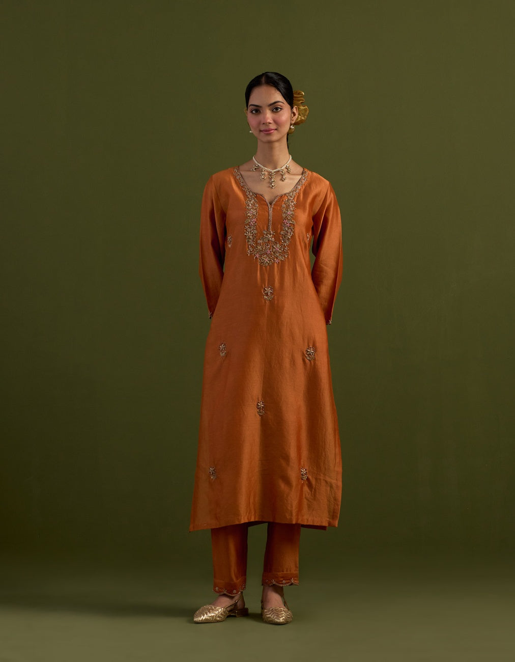 Rust orange peonies and parrot kurta set