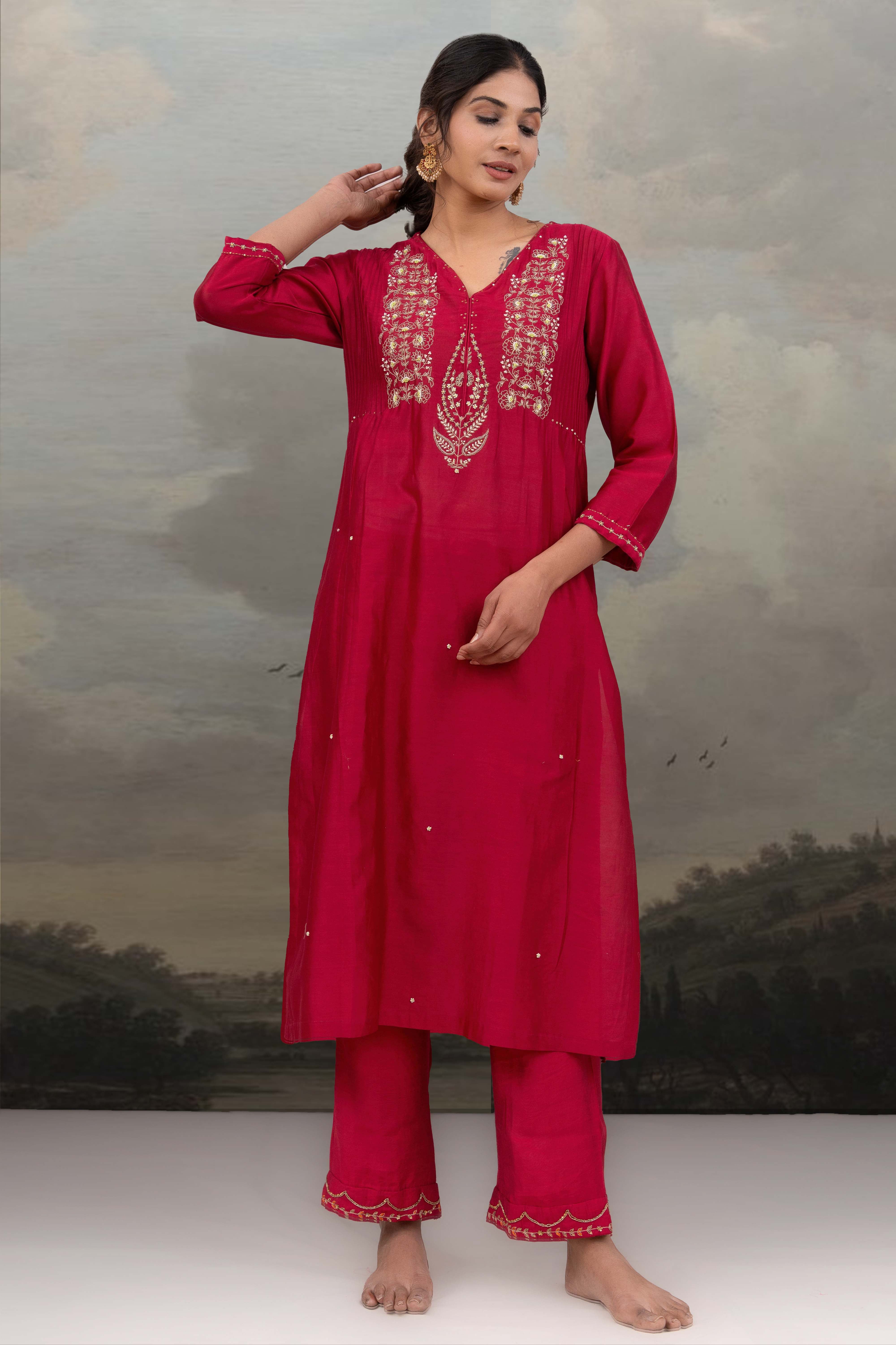 MAGENTA PINK BEADED KURTA SET