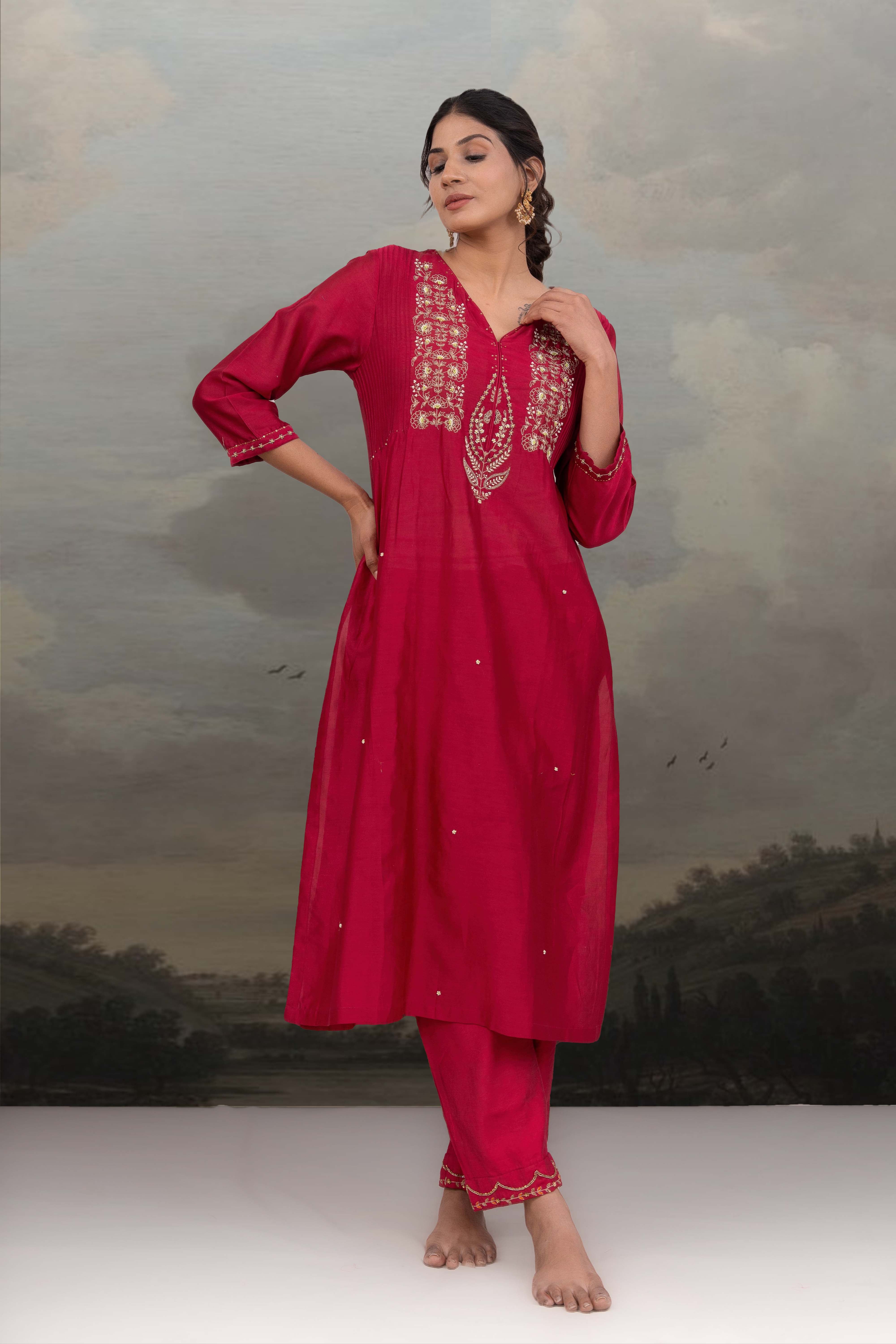 MAGENTA PINK BEADED KURTA SET