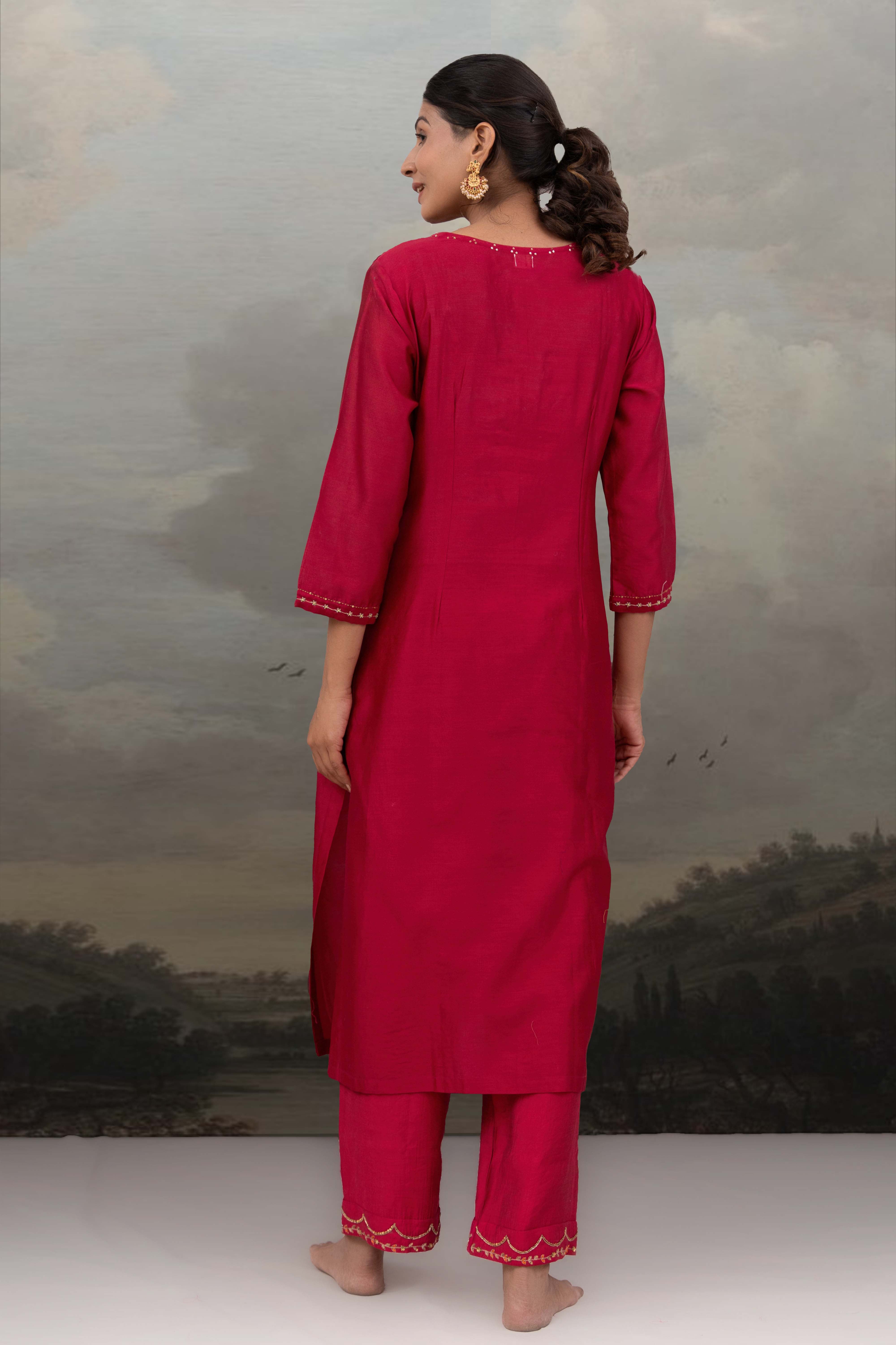 MAGENTA PINK BEADED KURTA SET