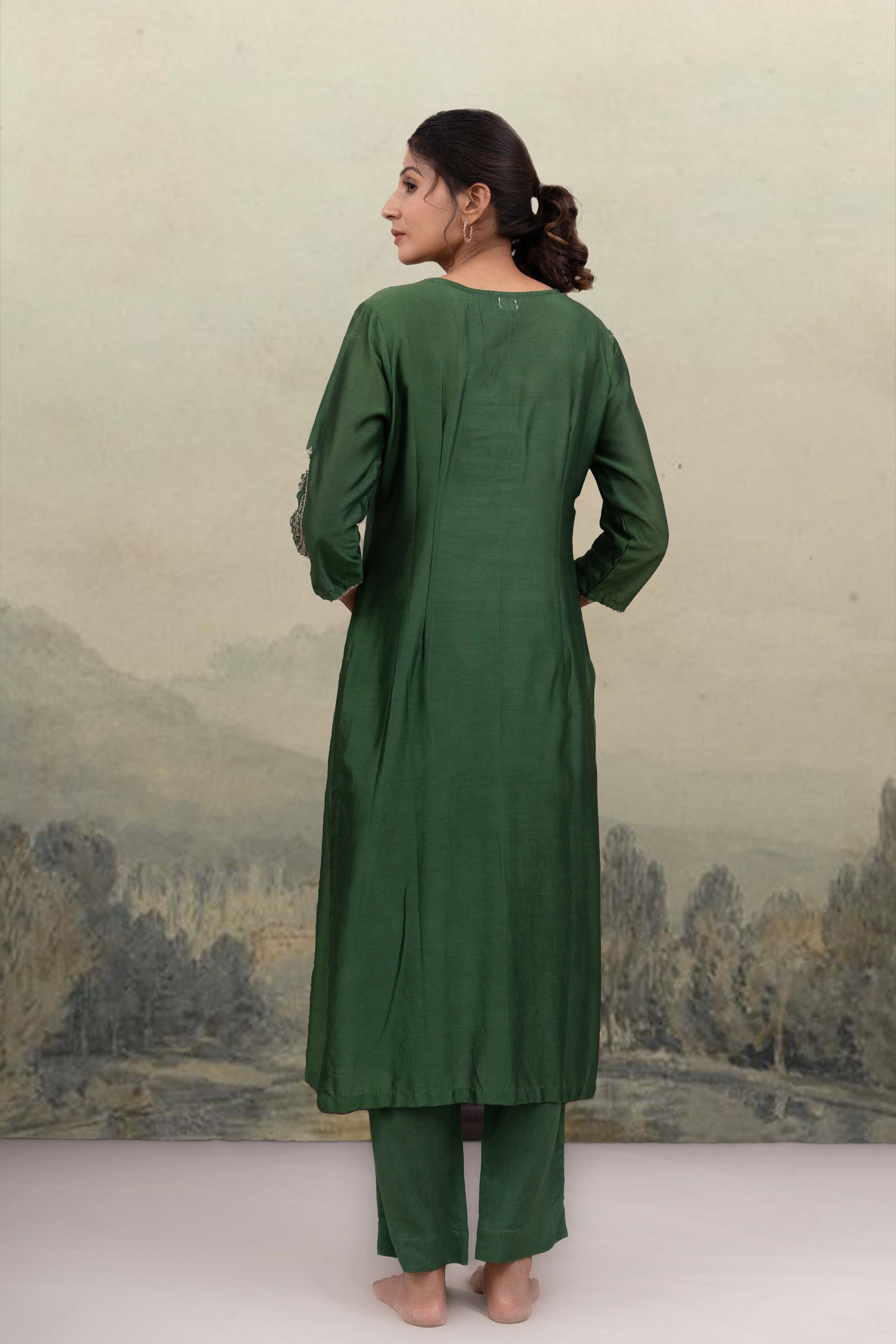 Bottle green kasab kurta set
