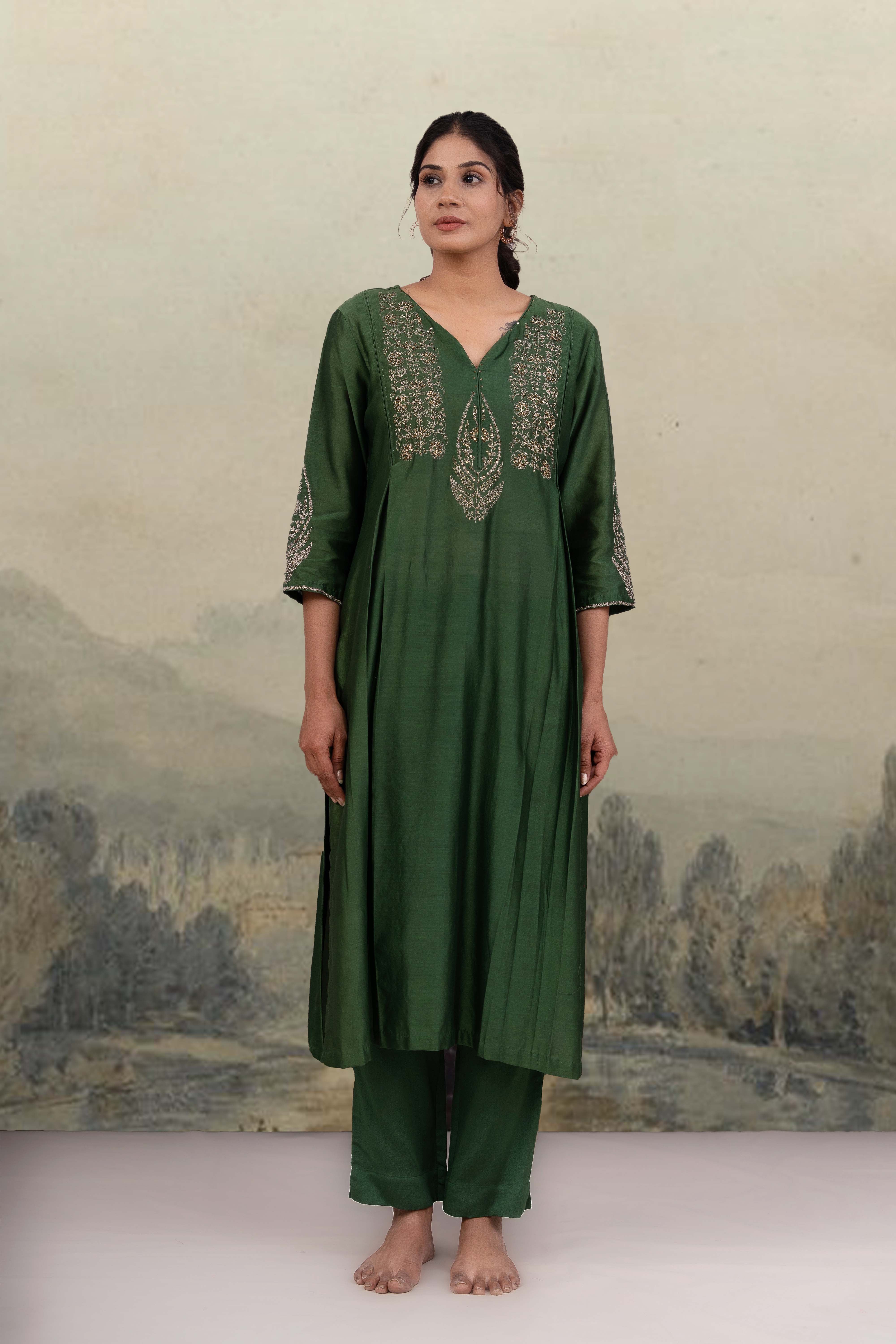 Bottle green kasab kurta set