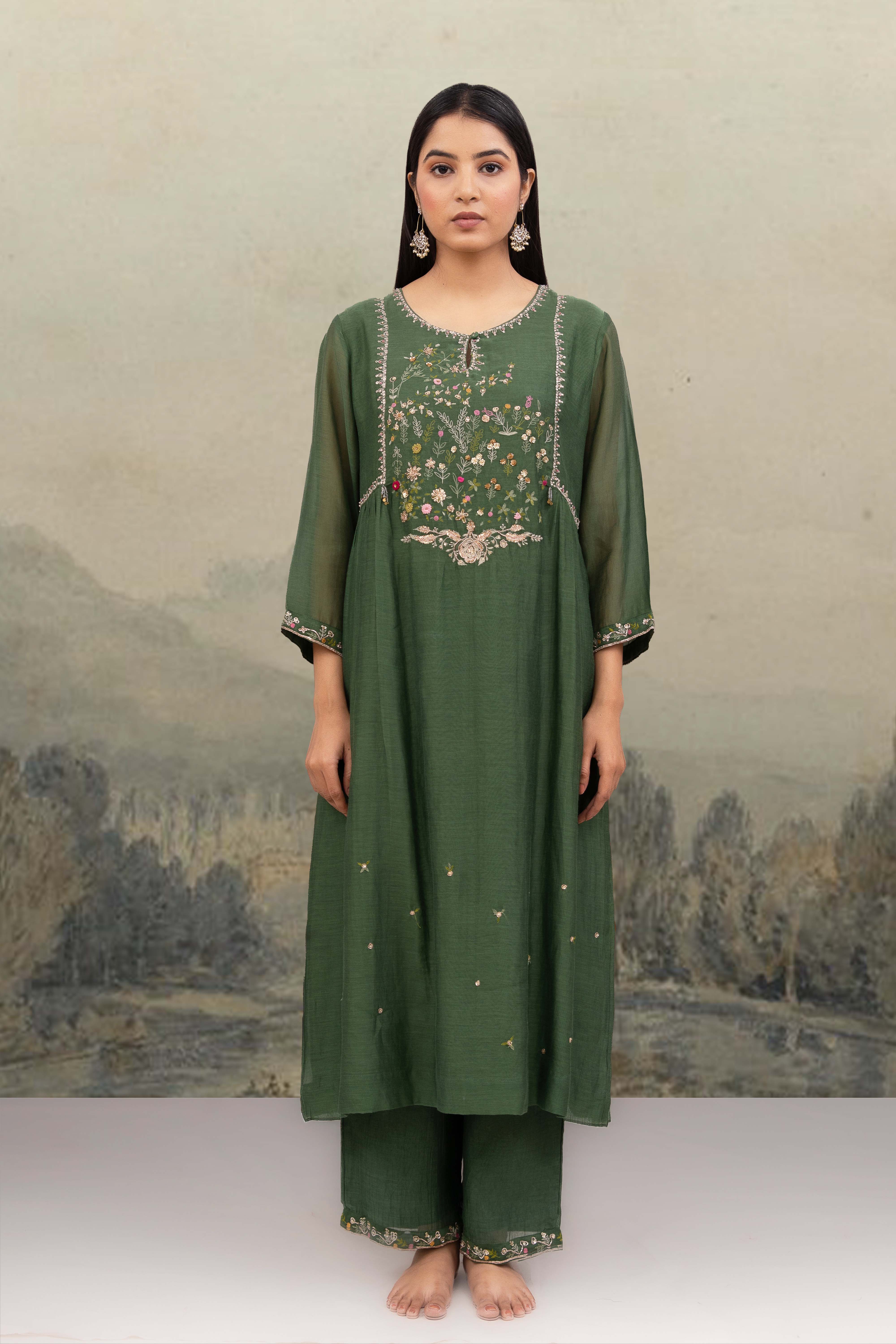 Bottle Green falling stars dress with dupatta