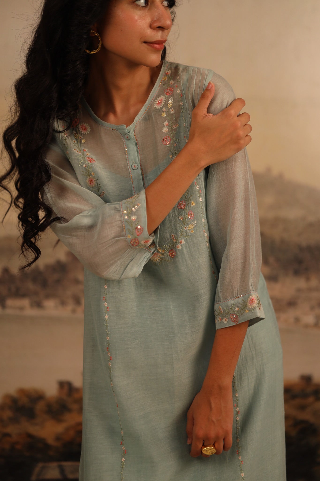 Teal Camelia kurta set with dupatta