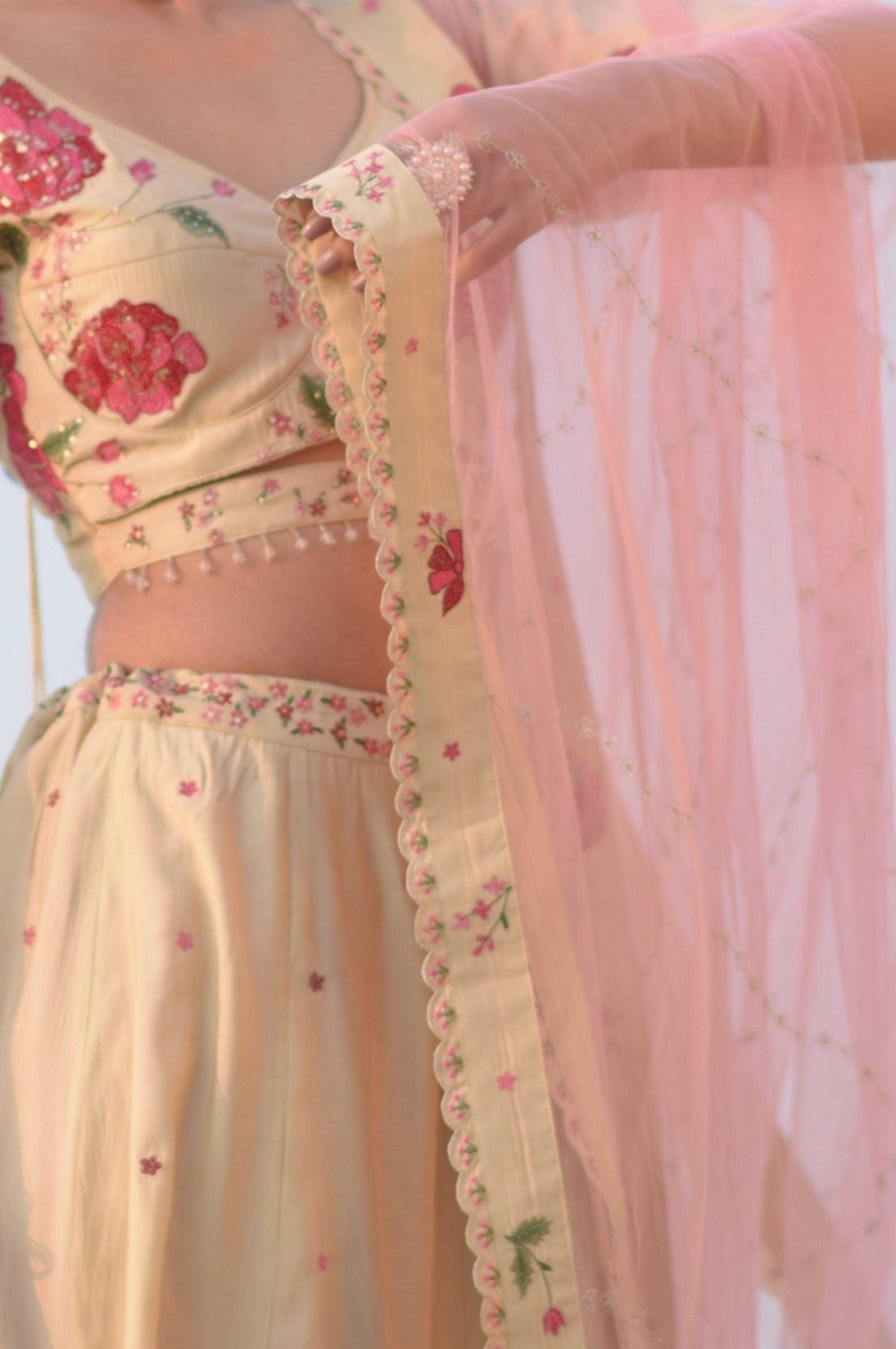 Ivory Miniature Rose garden Lehenga set of 3
