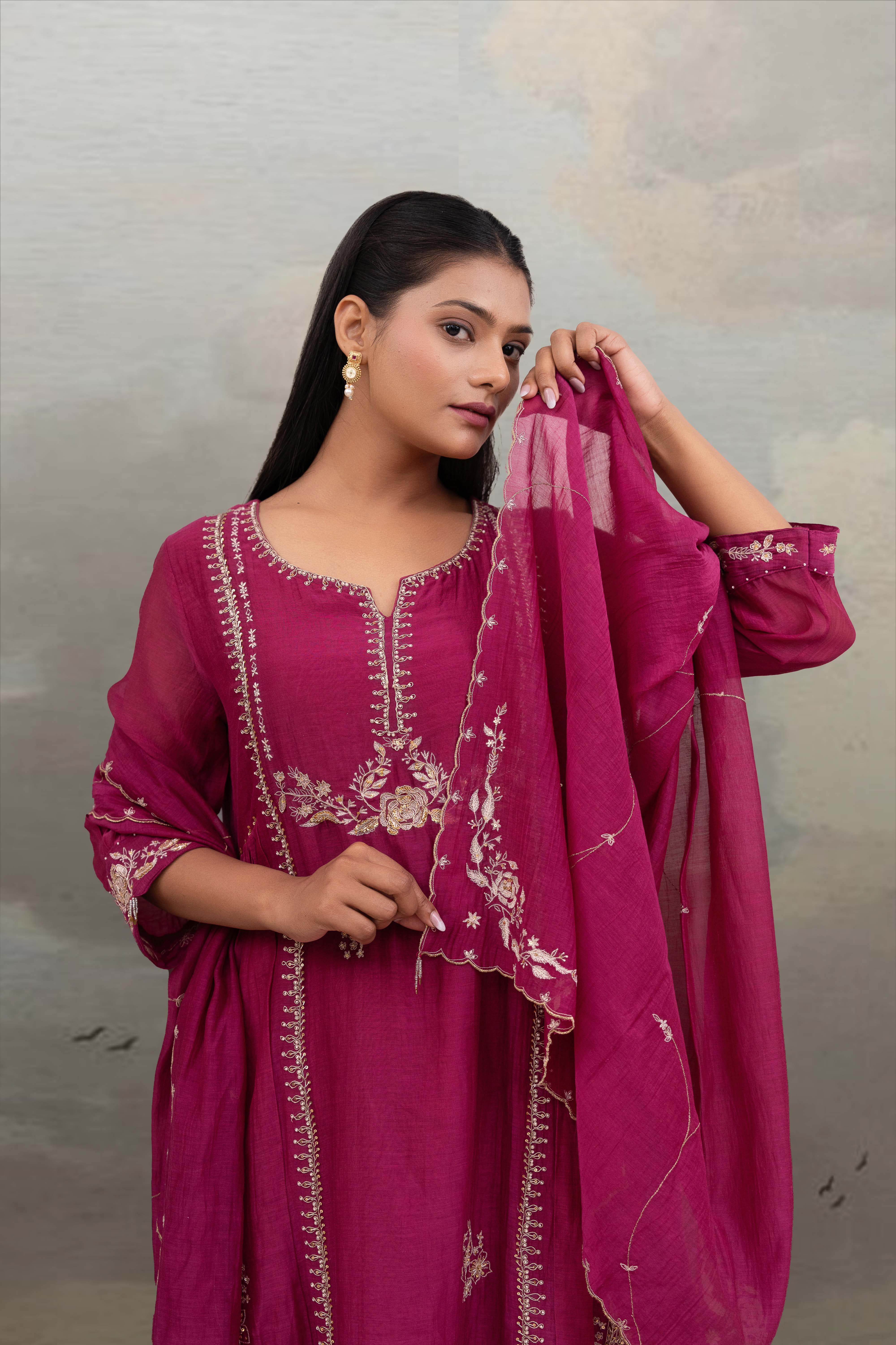 Rani pink gold rose Dress with dupatta