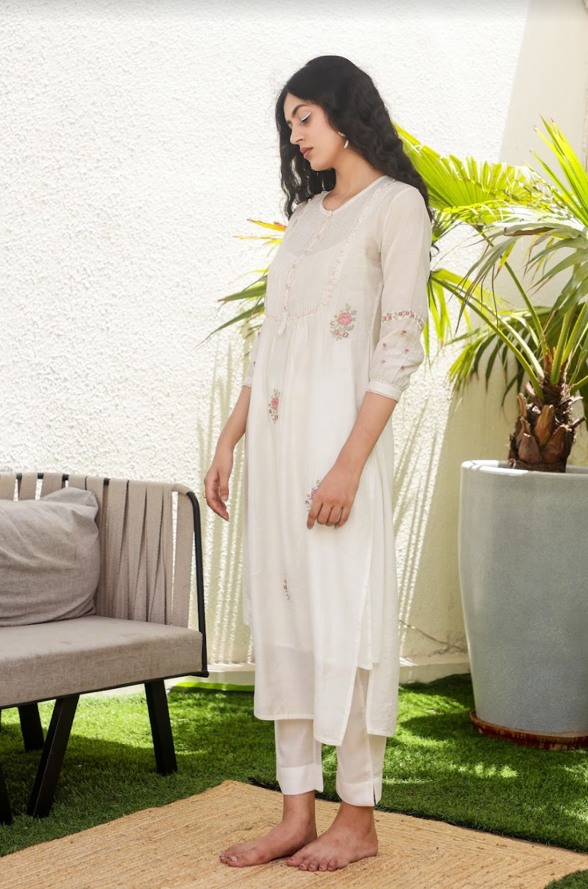 Snow white pintuck yoke kurta set